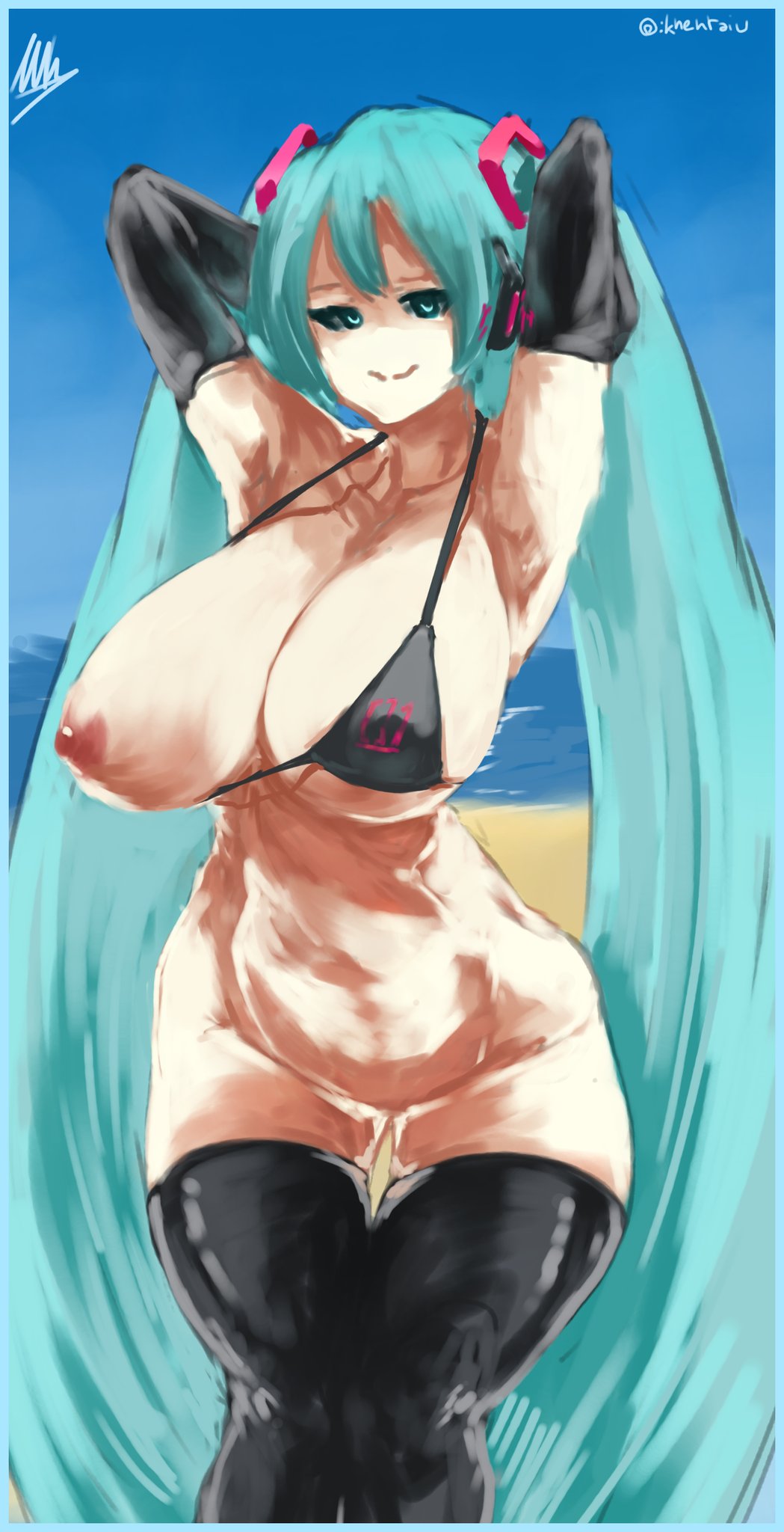 1girl, 1girls, alternate breast size, aqua eyes, aqua hair, armpits, arms behind head, arms up, beach, bikini, bikini top only, black bikini, black gloves, black thighhighs, bottomless, breasts, curvy, day, elbow gloves, female, gloves, hatsune miku, huge breasts, khentaiu, large breasts, long hair, looking at viewer, nipple slip, nipples, ocean, one breast out, sketch, sky, smile, solo, swimsuit, thick thighs, thigh gap, thighhighs, twintails, very long hair, vocaloid, wide hips