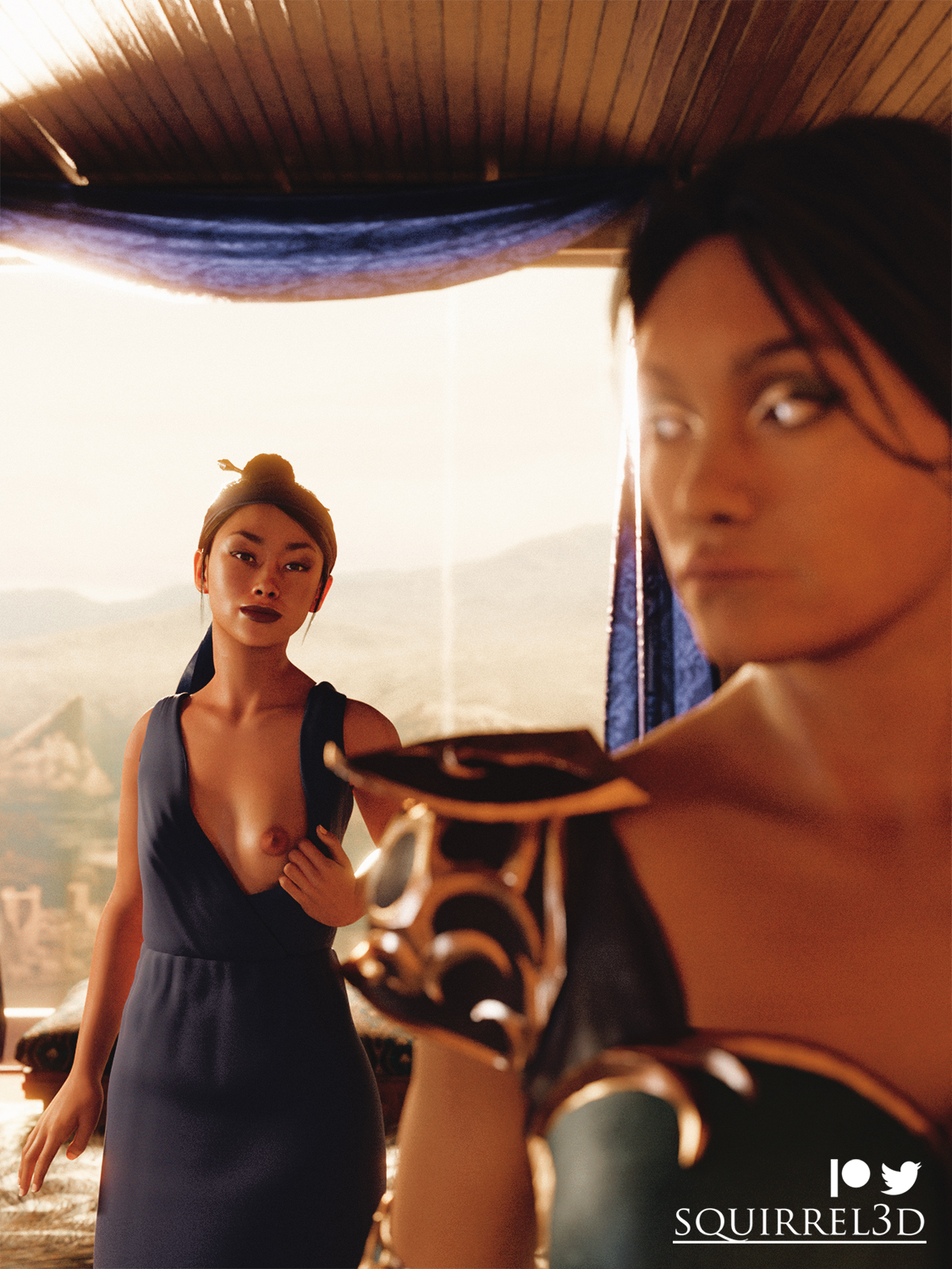 2girls, 3d, breasts, breasts out, dark skin, dark-skinned female, female, female only, interracial, jade (mortal kombat), kitana, mortal kombat, mortal kombat 11, squirrel3d, yuri