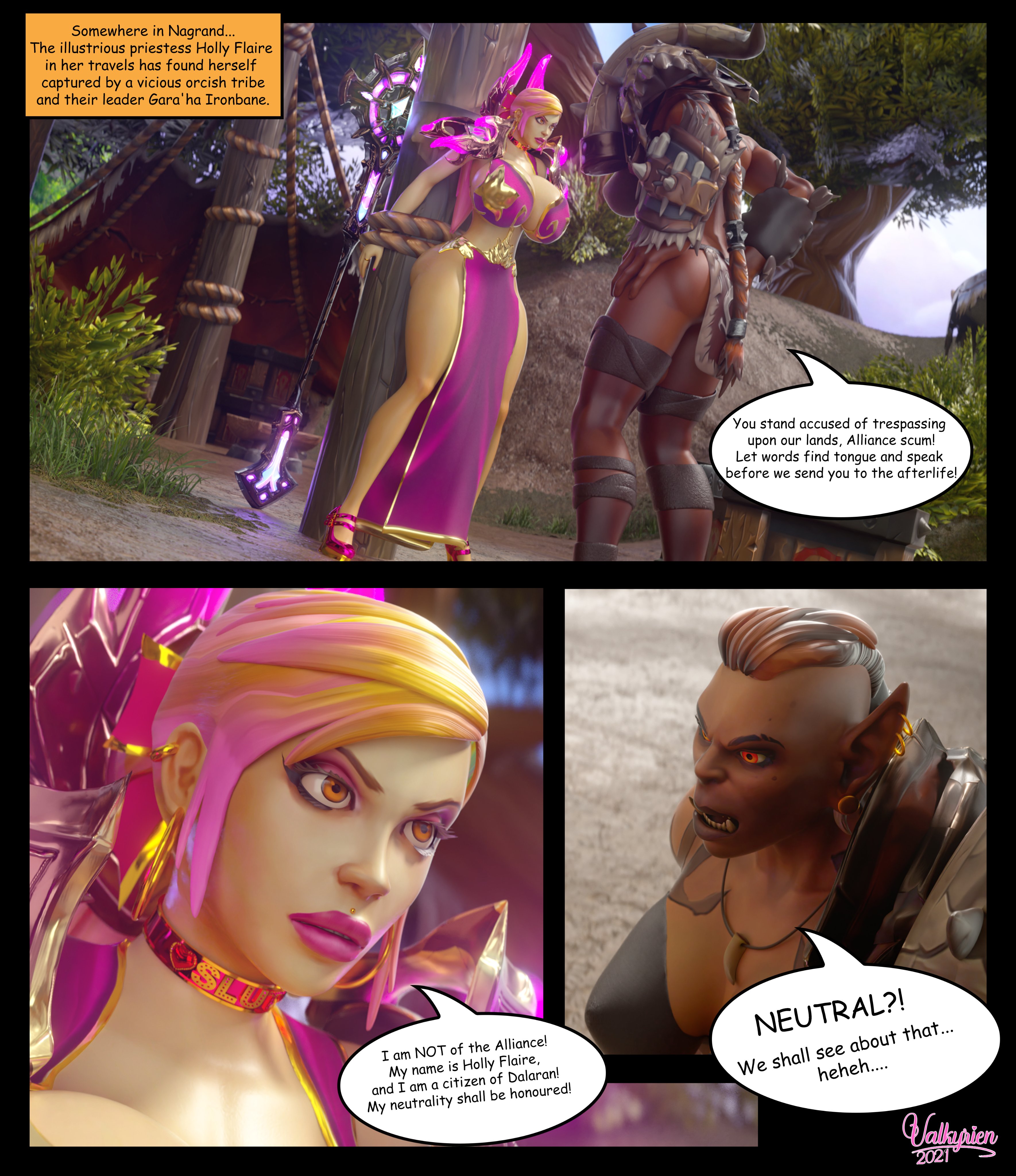 1futa, 1girls, ass, big breasts, bimbo, blizzard entertainment, blonde hair, breasts, busty, collar, comic, curvy, dark skin, dark-skinned futa, female, futanari, gara'ha, heels, hips, holly flaire (valkyrien), huge breasts, human (warcraft), human (world of warcraft), human female, intersex, legs, light skin, light-skinned female, loincloth, mage, orc, orc (warcraft), orc futa, original character, red eyes, roleplay character, round ass, slut collar, text, thick, thick ass, thick thighs, thighs, tied, tied up, valkyrien, warcraft, wide hips, world of warcraft, wow