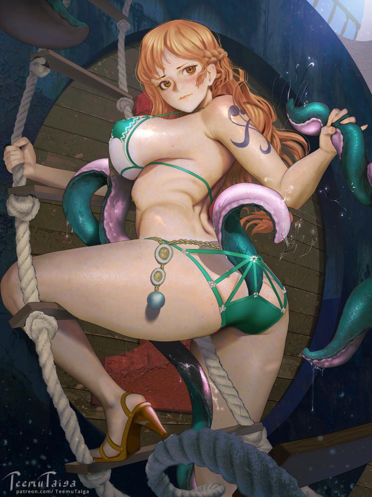 1girls, 2d, absurd res, arm tattoo, ass, big ass, big breasts, bikini, blue tattoo, blush, braid, breasts, chains, color, colored, day, daytime, detailed, detailed background, female, female only, grabbing, heels, highres, jewelry, ladder, nami (one piece), one piece, orange eyes, orange hair, orange-haired female, outdoors, outside, ship, small waist, solo, tanline, tattoo, teemu taiga, tentacle, tentacle rape, thick thighs, thighs, tight bikini, waist