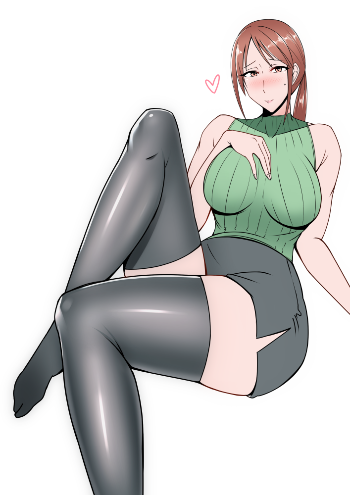 1girls bare_shoulders barely_contained big_breasts black_bottomwear black_miniskirt black_skirt black_thighhighs blush breasts brown_eyes brown_hair curvaceous curvy female female_only green_sweater green_topwear heart hips idolmaster idolmaster_cinderella_girls large_breasts mature_female mifune_miyu milf miniskirt plump puni2brain short_hair simple_background sitting skirt smile solo solo_female suggestive_pose sweater thick thick_thighs thighhighs thighs tied_hair voluptuous white_background wide_hips