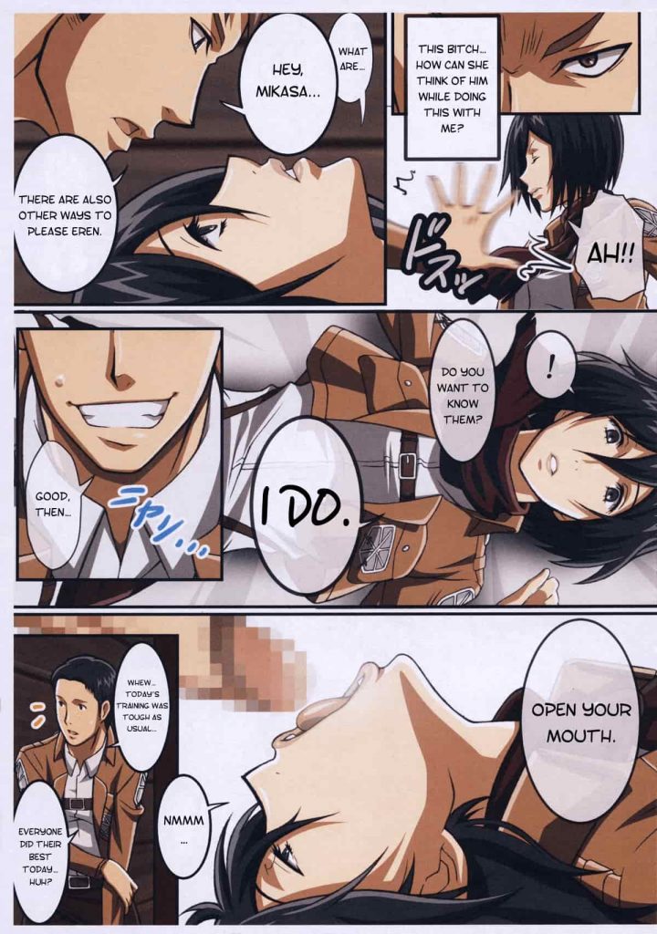 1boy 1girls asian attack_on_titan black_eyes black_hair blowjob censored_penis clothed deepthroat deepthroat_request deepthroat_training dialogue doujin doujinshi emotionless english_text fellatio female first_deepthroat first_time fringe imminent_deepthroat imminent_oral jean_kirstein jeankasa lost_rarities male marco_bodt medium_hair mikasa_ackerman open_mouth oral pale-skinned_female penis petite seductive_eyes seductive_mouth shingeki_no_kyojin short_hair submissive_female takapiko tongue_out upside-down