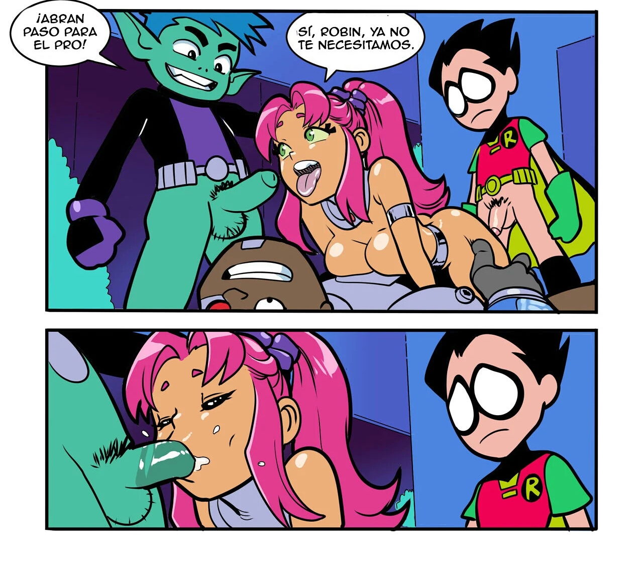 beast boy, comedy, cowgirl position, cuckold, cyborg (dc), dark skin, dark-skinned male, dc, dc comics, dick grayson, fellatio, female, green skin, interracial, interspecies, male, male pubic hair, meme, netorare, orange skin, pubic hair, red hair, robin (dc), robin (dick grayson), sad, spanish text, starfire, teen titans, teen titans go, tekuho, threesome