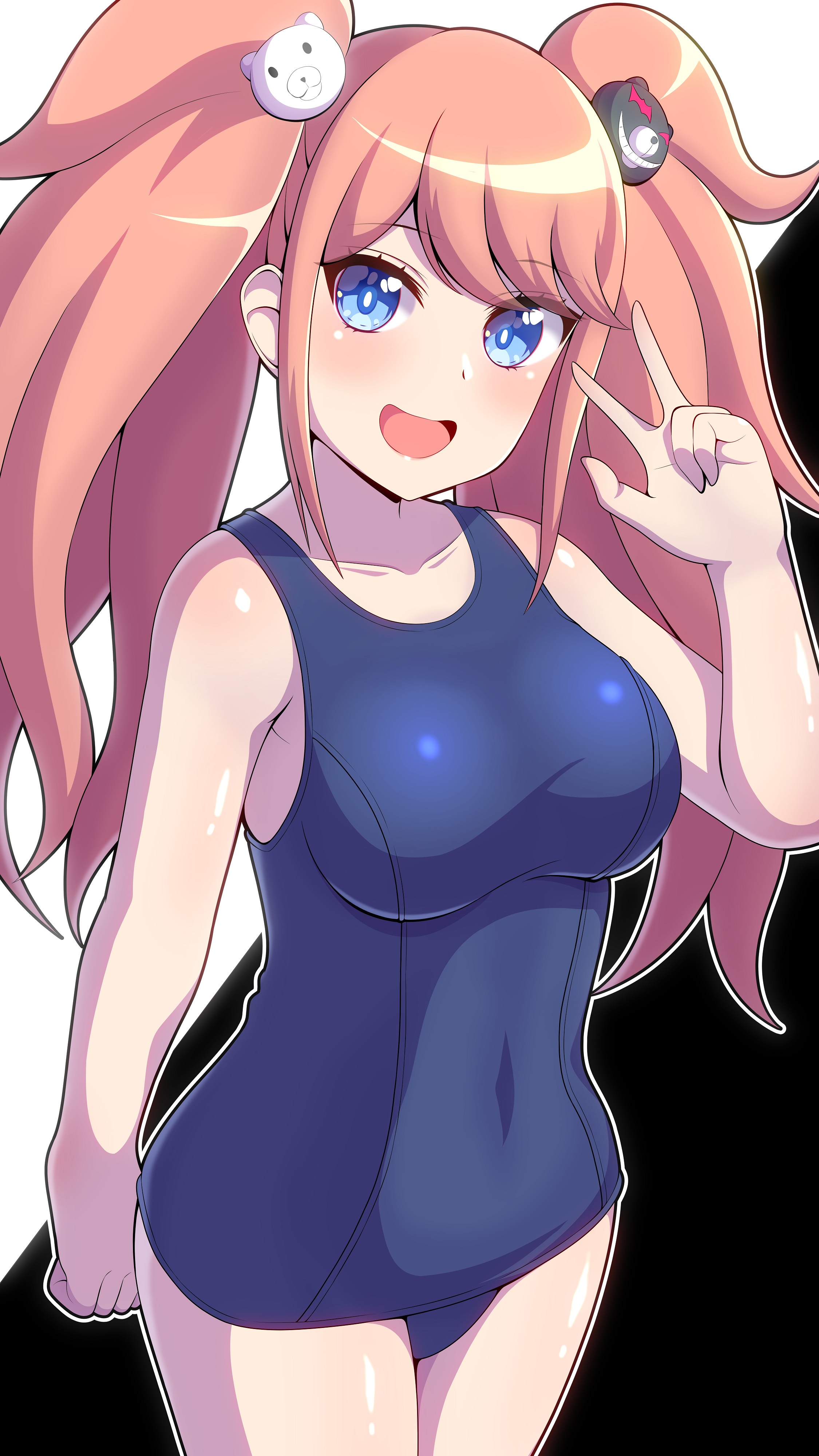 1girls, big breasts, blonde hair, blue eyes, breasts, danganronpa, danganronpa 1, danganronpa: trigger happy havoc, female, female only, gyaru, junko enoshima, kabetsuu-taichiru, light skin, one-piece swimsuit, peace sign, pink hair, solo, straight hair, swimsuit, thighs, twintails
