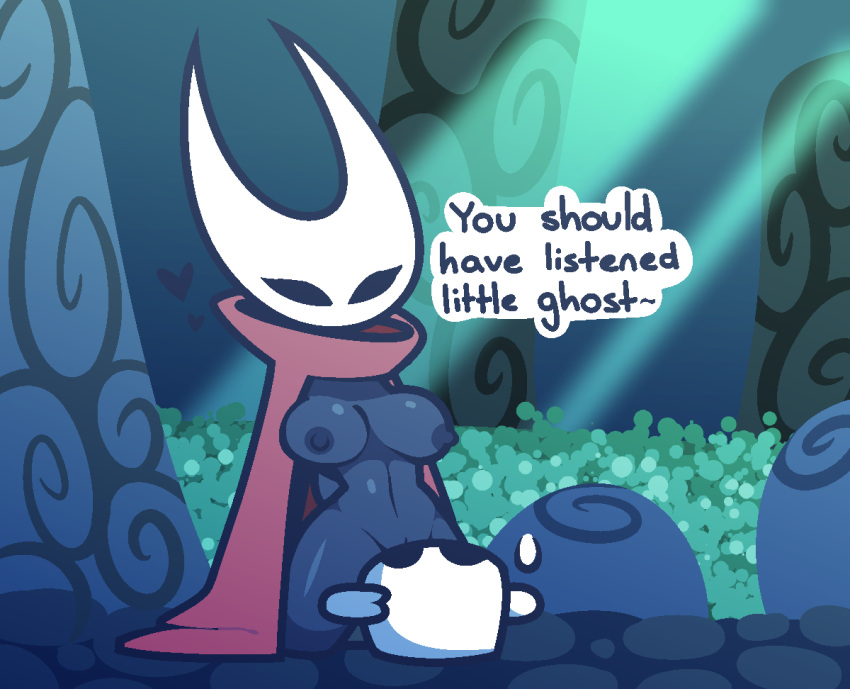 1boy, 1girls, aliasing, anthro, anthrofied, barely visible genitalia, between thighs, breasts, cloak, clothing, cowgirl position, dialogue, exposed breasts, exposed pussy, female, heart, hollow knight, hornet (hollow knight), incest, insect, insects, male, on back, on top, outerwear, protagonist (hollow knight), pussy, seductive, seductive look, siblings, size difference, smaller male, tagme, team cherry, the knight (hollow knight), welwraith