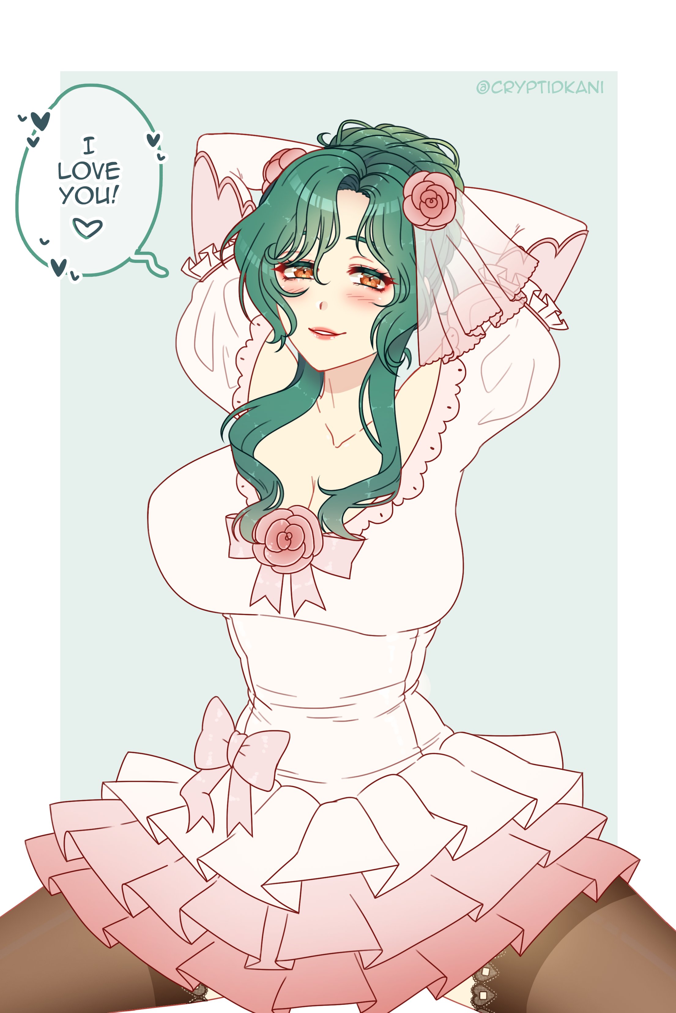 1girls, alternate costume, arms behind head, bare thighs, breasts, bridal veil, bride, cleavage, cryptid crab, elincia ridell crimea, english text, female, fire emblem, fire emblem: path of radiance, fire emblem: radiant dawn, fully clothed, green hair, large breasts, looking at viewer, medium hair, nintendo, orange eyes, pose, see-through, smile, solo, solo female, spread legs, text, thick thighs, thighhighs, veil, wedding dress