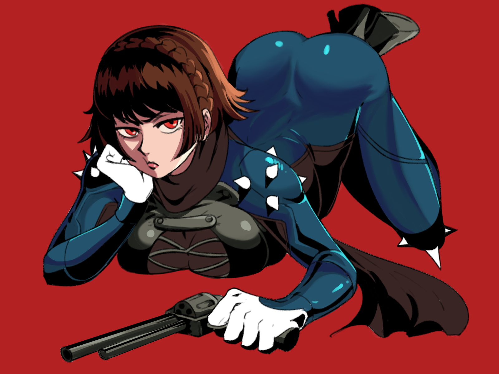 1girls, ass, ass up, atlus, bored, bored expression, brown hair, female, female only, firearm, gloves, gun, handgun, heels, leather, makoto niijima, makoto niijima (queen), persona, persona 5, phantom thief suit, red eyes, revolver, scarf, sega, skin tight, solo, solo female, solo focus, tinafate1, weapon