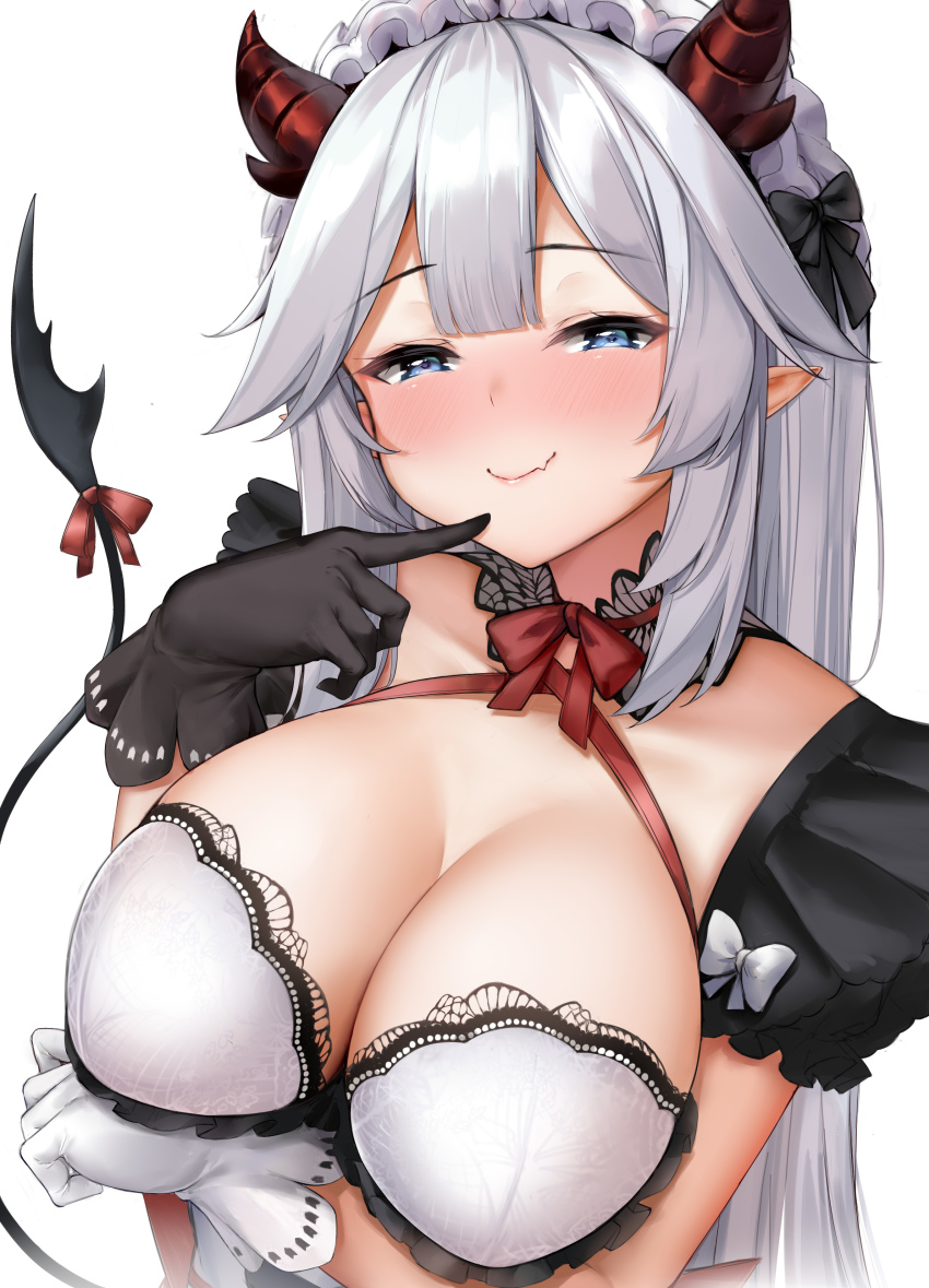 absurdres black_gloves blue_eyes breasts cleavage closed_mouth dombear female gloves highres horns large_breasts long_hair looking_at_viewer mismatched_gloves pointy_ears red_horns ribbon silver_hair simple_background smile solo succubus tail tail_ornament tail_ribbon upper_body veibae virtual_youtuber vshojo white_background white_gloves