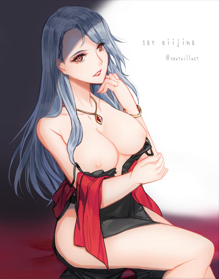 1girls, atlus, breasts, female, large breasts, long hair, persona, persona 5, sae niijima, silver hair, solo, topless, yaoto