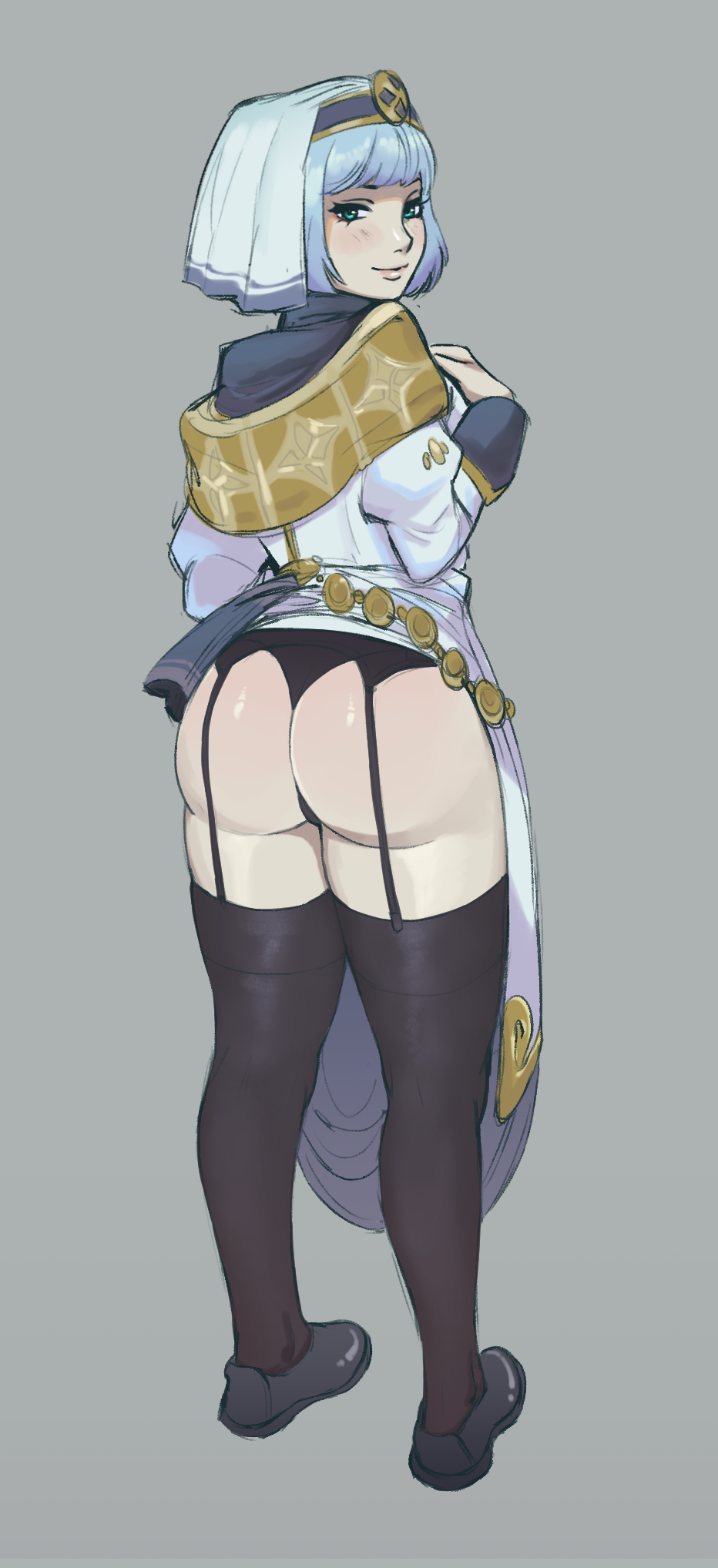 1girls artist_request ass back_view black_panties blue_hair dmgboost fire_emblem fire_emblem_echoes:_shadows_of_valentia fire_emblem_gaiden garter_belt green_eyes large_ass looking_at_viewer nintendo nun panties seductive short_hair silque_(fire_emblem) smile solo solo_female thighhighs