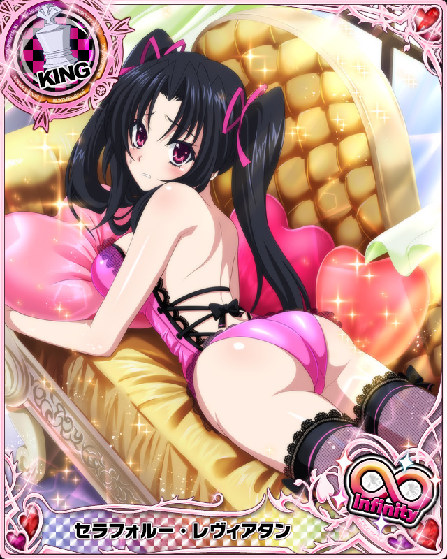 10s arched_back ass back black_hair blush bow_legwear breasts card_(medium) character_name corset cowboy_shot day female from_above frown glint hair_ribbon high_school_dxd high_school_dxd_infinity indoors leotard lingerie long_hair lying official_art on_stomach pink_eyes ribbon serafall_leviathan solo sparkle thighhighs trading_card twintails underwear