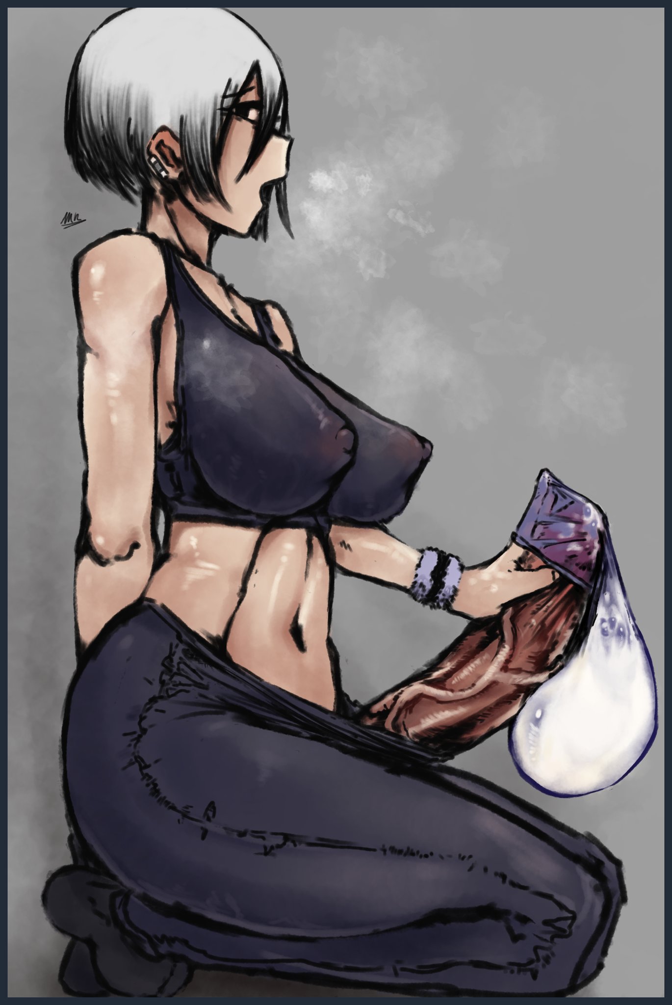 1futa, areolae, big breasts, big penis, breasts, clothed, clothing, condom, filled condom, futa only, futanari, huge cock, human, intersex, khentaiu, kneeling, light skin, masturbation, mostly clothed, navel, nipple bulge, pale skin, penis, penis out, side view, sitting, solo, used condom