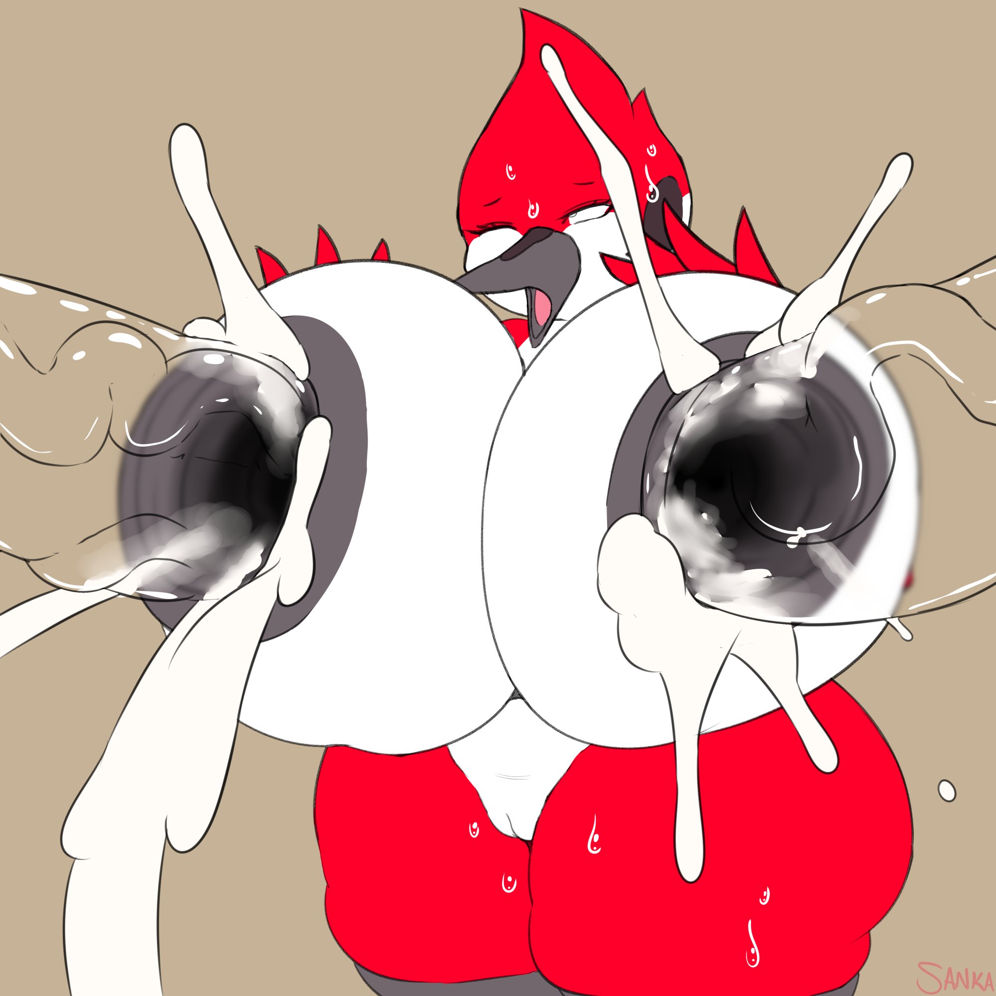 1girls, alternate breast size, alternate version available, anthro, avian, beak, big breasts, bird, black nipples, blue jay, breast expansion, breast growth, breast growth (enlargement), breasts, busty, cartoon network, cleft of venus, cum, cum inside, curvy, female, furry, gaping nipples, humanoid, hyper, large breasts, male, margaret smith (regular show), nipple penetration, nipples, penis, pussy, red feathers, regular show, sanka-tetsu, sweat, transparent penis, two-tone body, vulva