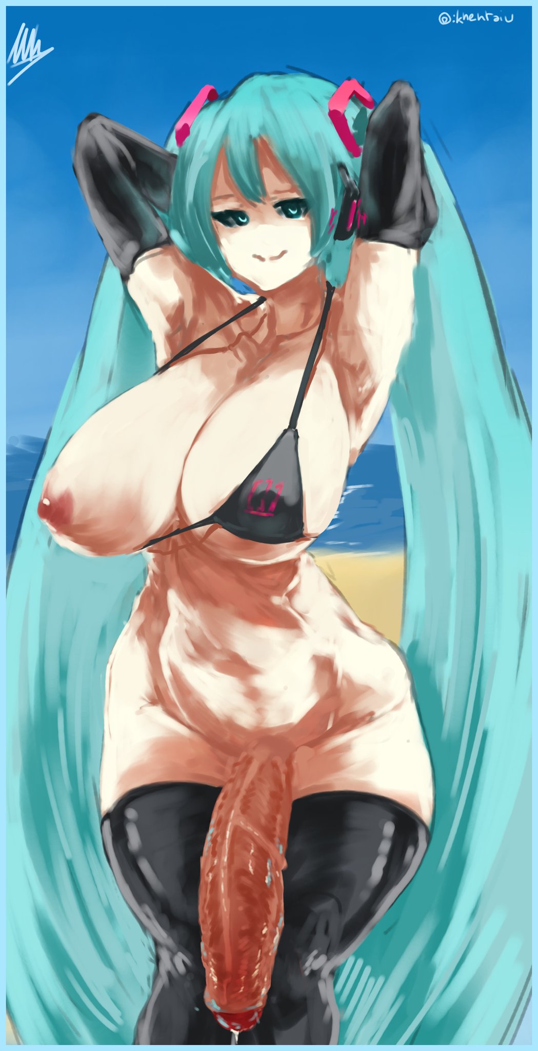 1futa, 1girl, alternate breast size, aqua eyes, aqua hair, areolae, armpits, arms behind head, arms up, beach, big breasts, bikini, bikini top only, black bikini, black gloves, black thighhighs, blue sky, bottomless, breasts, day, elbow gloves, futa only, futanari, gloves, hatsune miku, huge breasts, huge cock, huge nipples, huge penis, human, intersex, khentaiu, knees together feet apart, large breasts, large penis, large testicles, light skin, light-skinned futa, long hair, looking at viewer, nipple slip, nipples, nude, ocean, one breast out, outdoors, pale skin, penis, precum, sky, smile, solo, solo futa, standing, swimsuit, thick thighs, thighhighs, twintails, uncensored, veins, very long hair, vocaloid, wide hips