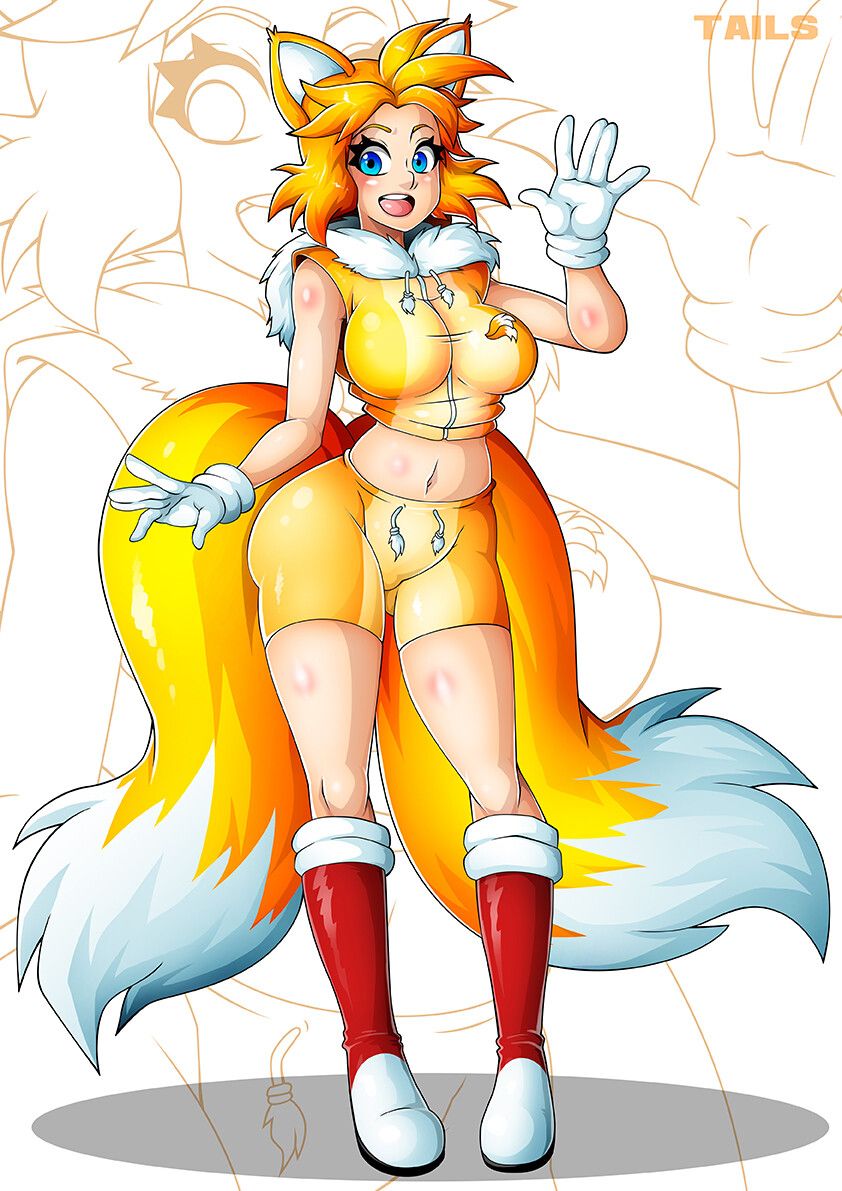 big breasts, blonde hair, blue eyes, boots, breasts, cleavage, clothed, clothed female, clothing, crop top, female, fox ears, fox tail, gloves, hourglass figure, humanized, long hair, rule 63, shorts, smile, sonic (series), spiky hair, tails, tails the fox, tailsko, thick thighs, tight clothing, tight fit, waving, wide hips, witchking00