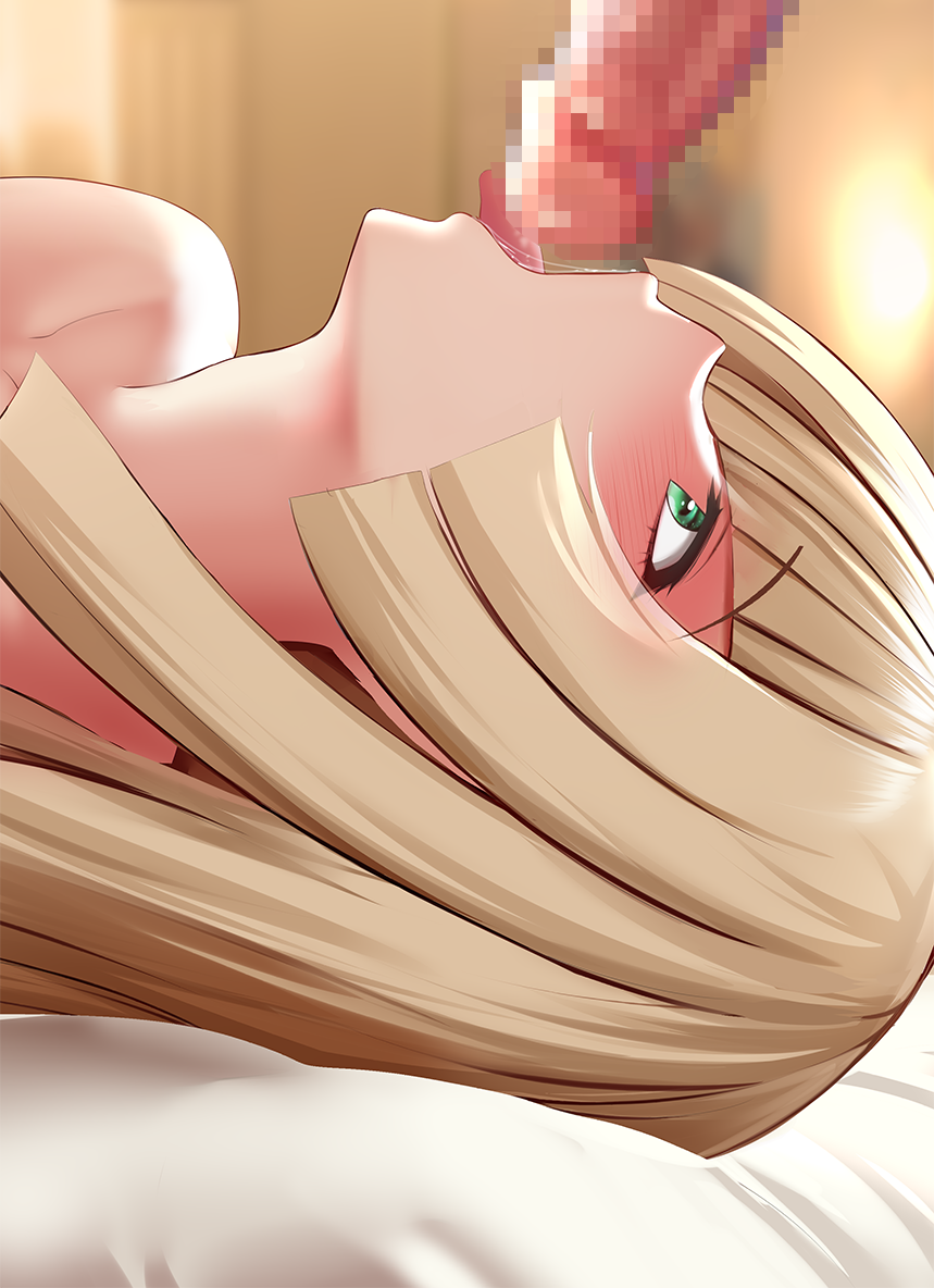 1boy, backlighting, bangs, bed sheet, blonde hair, blunt bangs, blurry, blurry background, blush, censored, collarbone, depth of field, eyebrows visible through hair, fellatio, female, from side, ginhaha, green eyes, indoors, long hair, lusamine (pokemon), lying, male, mosaic censoring, on back, on bed, open mouth, oral, penis, pokemon, pokemon (game), pokemon sm, profile, saliva, solo focus, straight, supine blowjob, tongue, tongue out, upper body