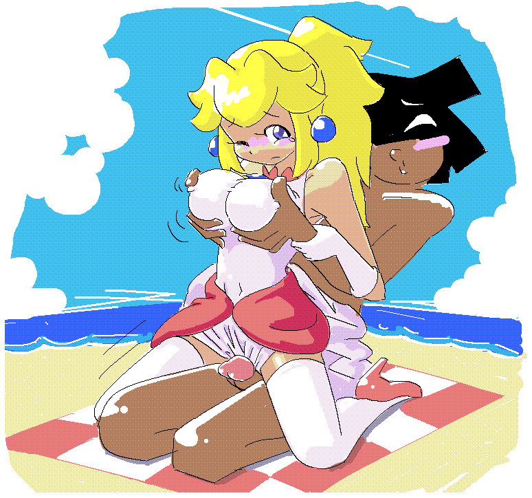 ; (, 1boy, 1girls, 2006, artist name, artist self-insert, bare shoulders, beach, beach blanket, black hair, blonde hair, blue eyes, blush, breast grab, breasts, checkered, clothed, clothed female nude male, clothing, covered navel, dark skin, dark-skinned male, dress, earrings, erect nipples, erect nipples under clothes, erection, eyebrows visible through hair, female, glans, gloves, grabbing from behind, high heels, interracial, jewelry, kneeling, large breasts, long hair, long ponytail, looking at another, looking back, male, mario (series), minus8, minus8 (character), nintendo, nipple tweak, nipples, nude, ocean, one eye closed, open mouth, panties, penis, pink dress, pink gloves, pink panties, ponytail, princess peach, sand, seiza, shaded face, short hair, sitting, sitting on lap, sitting on person, sky, spread legs, straight, super mario sunshine, tearing up, tears, thick thighs, thighhighs, thighs, tied hair, underwear, wariza, water, watermark, zettai ryouiki