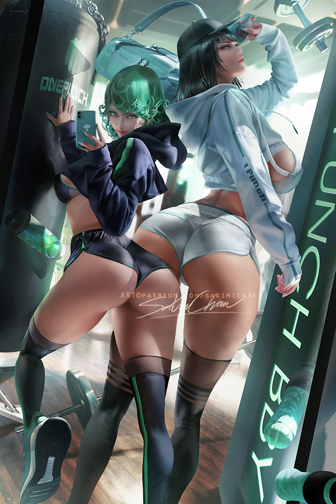 2girls, ass, big ass, big breasts, breasts, female, female only, fubuki (one-punch man), green hair, medium breasts, multiple females, multiple girls, one-punch man, phone, sakimichan, sports bra, tatsumaki, thick thighs, tight clothing, wide hips