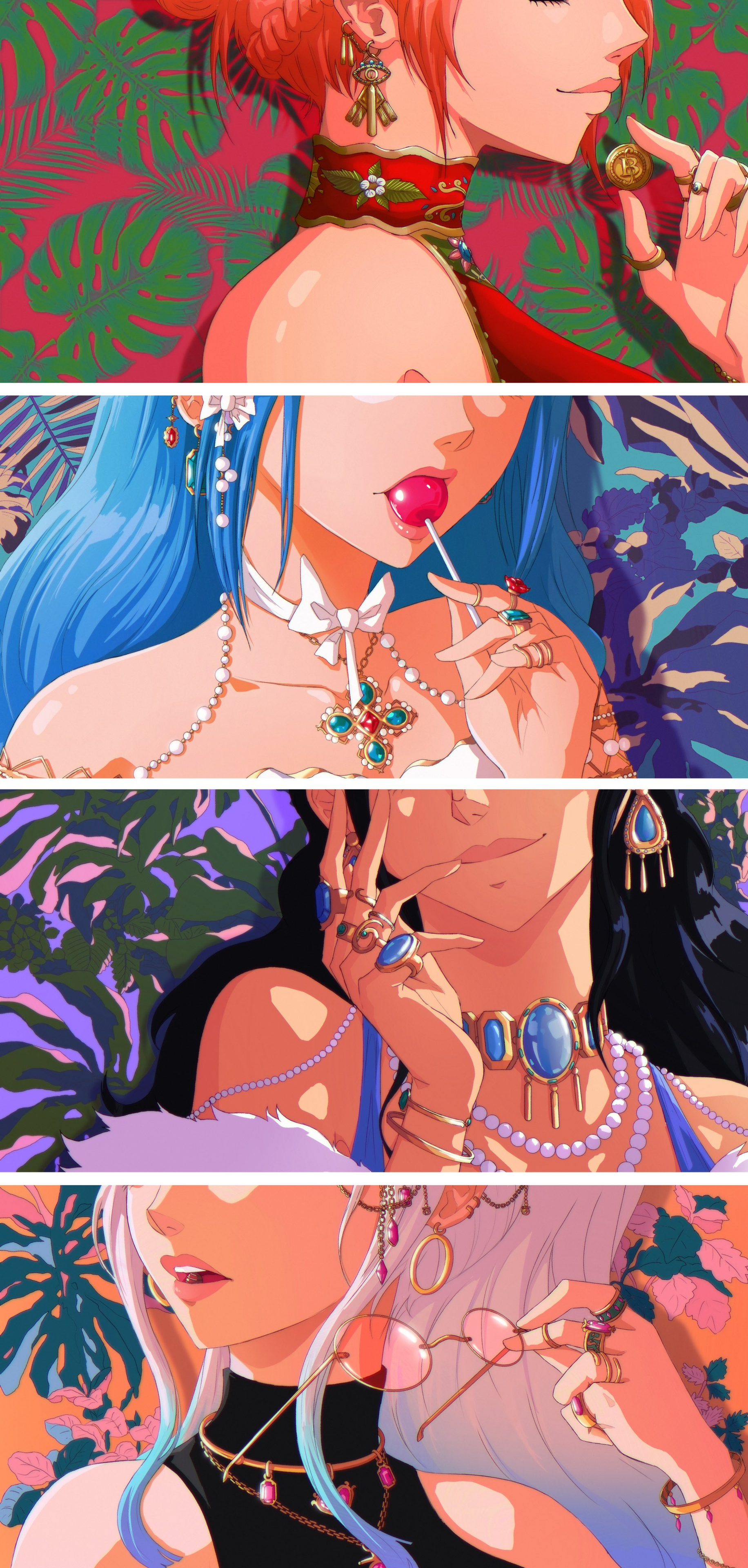 4girls, black hair, black-haired female, blue hair, blue-haired female, female, female only, nami (one piece), nefertari vivi, nico robin, one piece, opalisart, orange hair, orange-haired female, post-timeskip, two-tone hair, white hair, white-haired female, yamato (one piece)