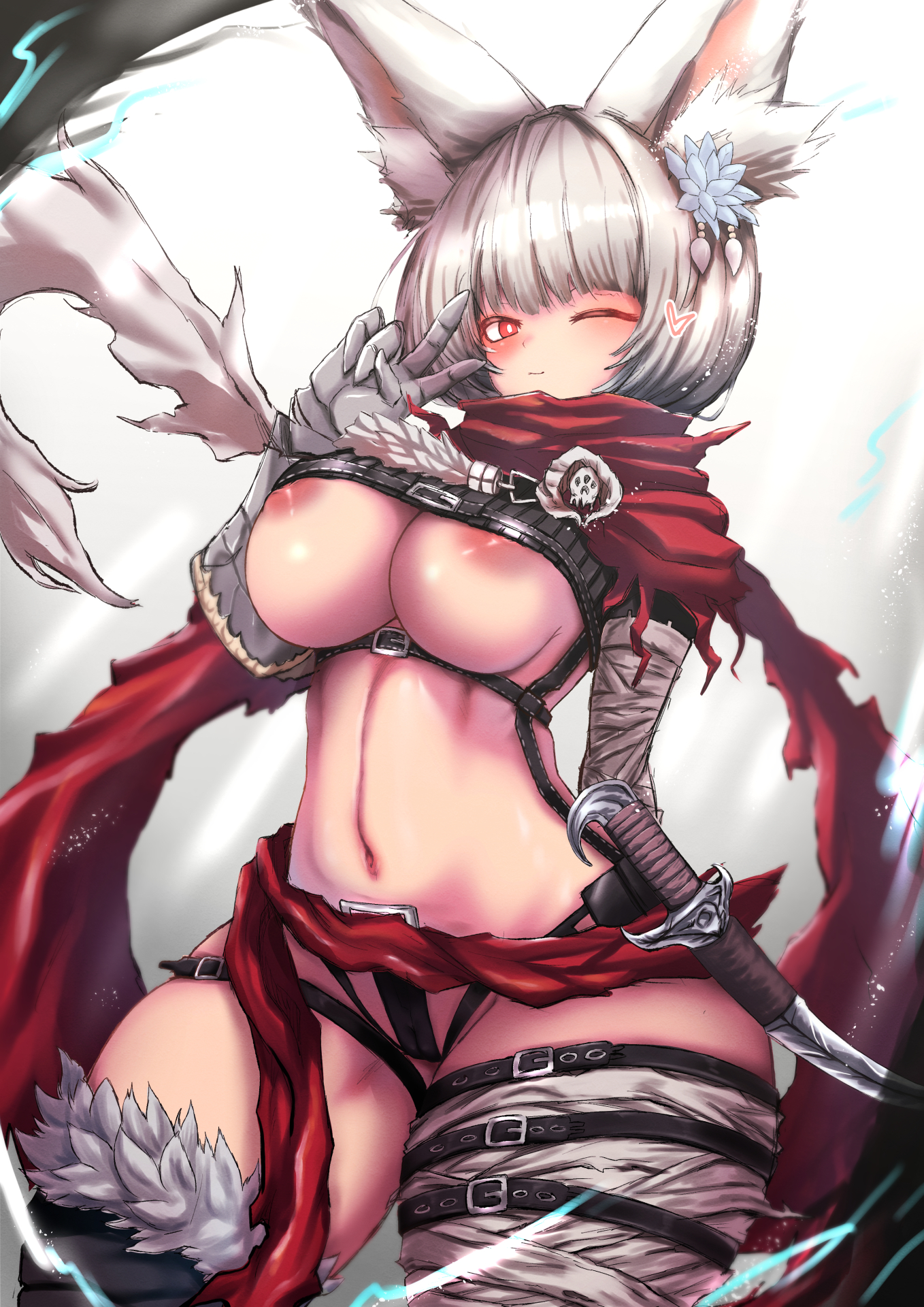 ;), 1girls, animal ear fluff, animal ears, areola slip, areolae, armor, bangs, belt, blunt bangs, blurry, blush, borrowed character, breasts, bright pupils, cameltoe, cleft of venus, commentary request, depth of field, dutch angle, eyebrows behind hair, female, female only, fox ears, from below, grey background, hair ornament, hand up, heart, highres, large breasts, leg belt, light rays, light smile, looking at viewer, mismatched legwear, navel, nipple slip, nipples, one eye closed, original, pussy, red eyes, red scarf, scabbard, scarf, sheathed, sho (wnmf3234), simple background, smile, solo, standing, sword, tassel, thighhighs, torn clothes, underboob, v, v over eye, weapon, white pupils