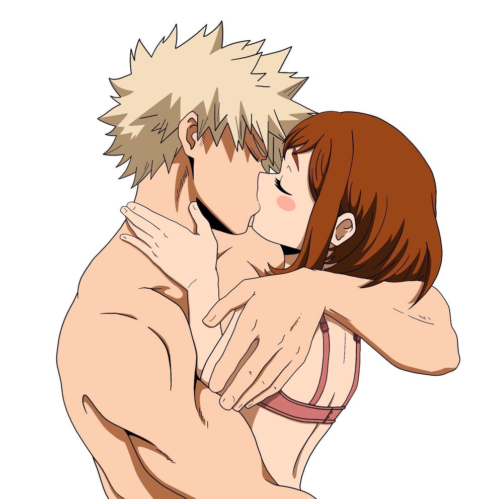 blonde_hair bra_strap brown_hair dailykrumbs embracing hugging katsuki_bakugou kissing making_out muscular_male my_hero_academia nightlykrumbs ochako_uraraka passionate