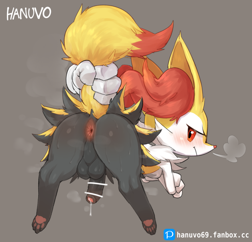 annoyed anthro anus ass backsack balls bent_over black_body black_fur blush bodily_fluids braixen censor_bar censored cheek_tuft crossed_arms digitigrade dipstick_tail disembodied_hand dripping duo ears_back erection facial_tuft femboy fur genital_fluids genitals girly hanuvo humanoid_genitalia humanoid_penis ineffective_censorship inner_ear_fluff looking_back male male_only multicolored_tail nintendo pawpads penis perineum pink_pawpads pivoted_ears pokémon_(species) pokemon pokemon_(species) precum precum_drip rear_view red_body red_eyes red_fur red_inner_ear_fluff solo_focus sweat tail_grab tuft video_games white_body white_fur yellow_body yellow_fur