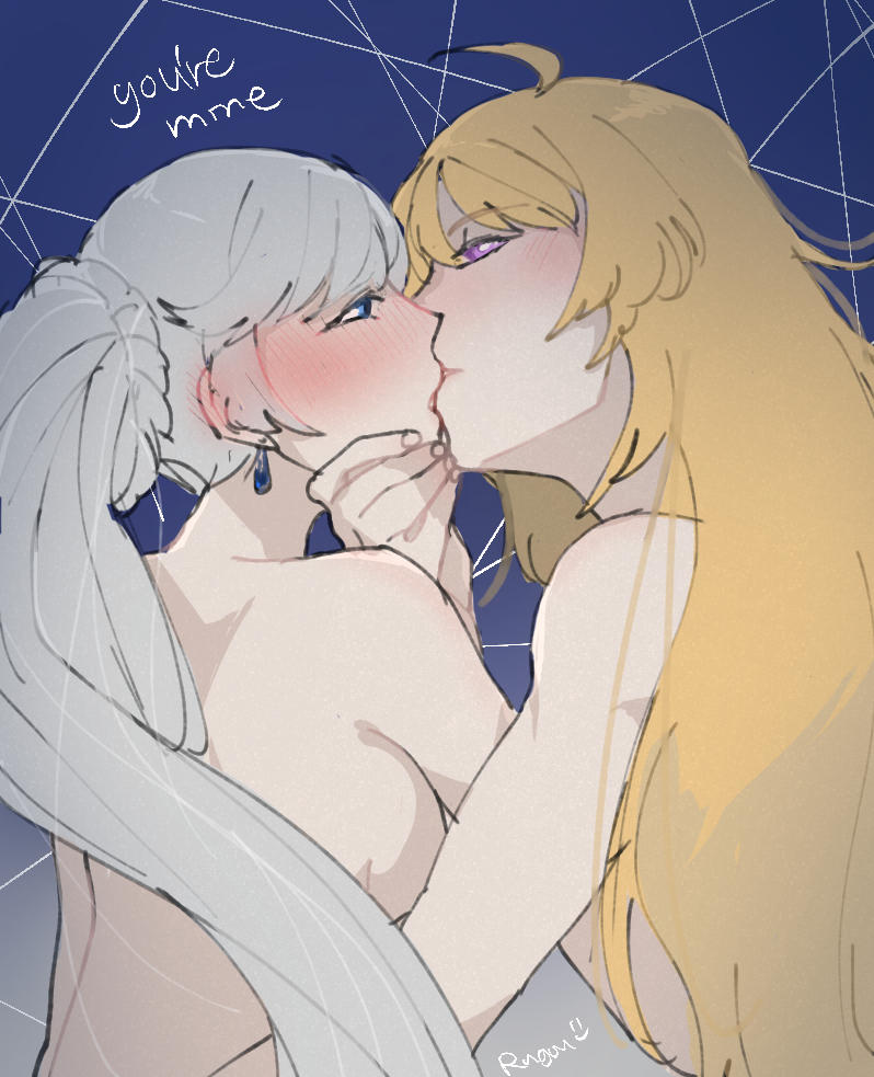 2girls, blonde hair, blue eyes, female, freedom-chou, kissing, multiple females, multiple girls, nudity, purple eyes, rwby, weiss schnee, white hair, yang xiao long, yuri