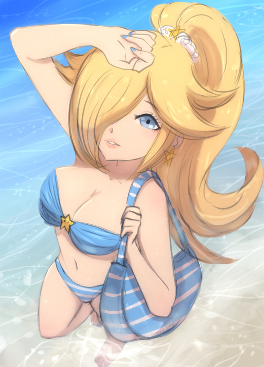 1girls, arm up, bag, beach, big breasts, bikini, blonde hair, blue bikini, blue eyes, blue nails, breasts, cleavage, earrings, female, female only, hair ornament, hair over one eye, highres, jewelry, long hair, mario (series), medium breasts, nail polish, nintendo, omiza somi, outside, parted lips, ponytail, princess rosalina, solo, star (symbol), star earrings, star hair ornament, super mario galaxy, swimsuit