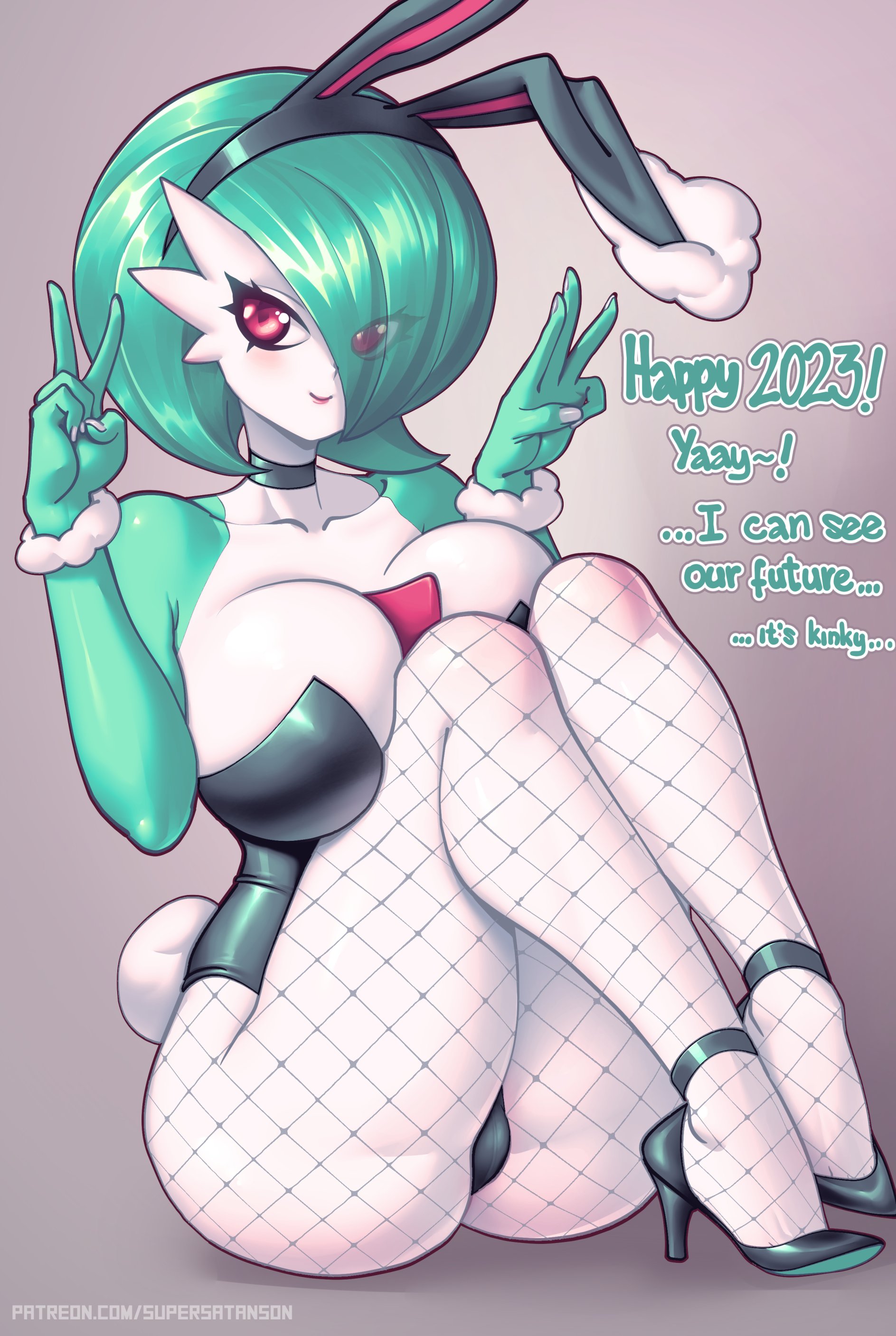 1girls, ass, big breasts, breasts, bunny ears, bunny girl, bunnysuit, female, female only, gardevoir, green bottom heels, large breasts, non-human, pokémon (species), pokemon, pokemon (species), solo, supersatanson, white nails, year of the rabbit