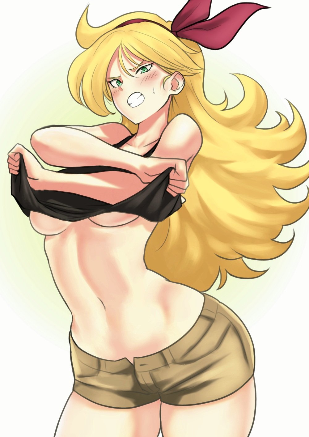 1girls anagumasan bad_launch blonde_hair clenched_teeth dragon_ball female female_only green_eyes launch long_hair lunch_(dragon_ball) navel shirt_lift solo underboob