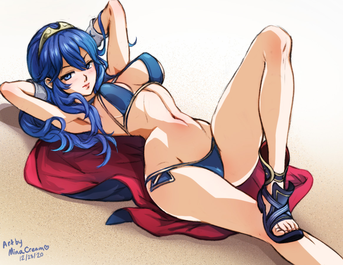 1girls, alternate costume, armpits, arms behind head, artist name, bare legs, bare midriff, bare shoulders, bikini, blue bikini, blue eyes, blue footwear, blue hair, blue swimsuit, breasts, cape, closed mouth, covered nipples, dated, female, fire emblem, fire emblem awakening, hair between eyes, hourglass figure, long hair, looking at viewer, lucina (fire emblem), lying, medium breasts, minacream, nintendo, on back, on ground, pose, sand, sandals, seductive, seductive smile, sideboob, smile, solo, swimsuit, tiara, toenails, toes, two-tone cape, wide hips