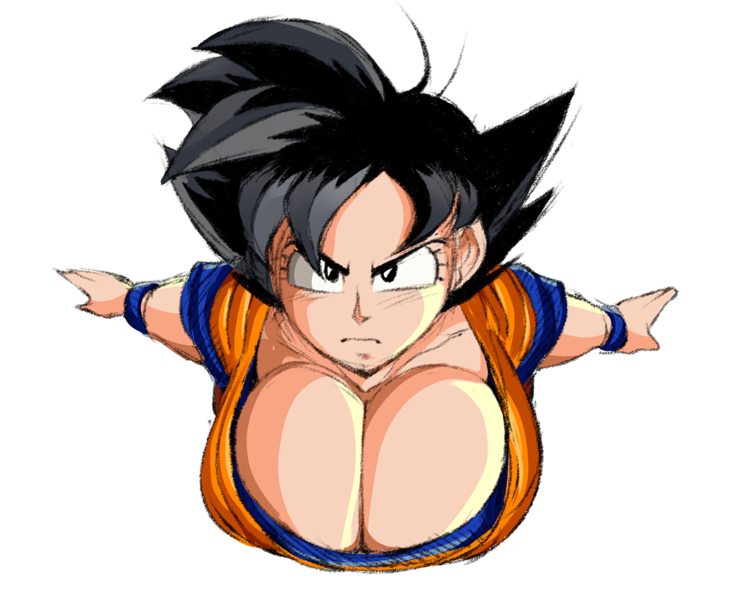1girls, black hair, breasts, cleavage, detnox, dragon ball, female, female goku, genderswap, huge breasts, rule 63, shounen jump, solo, solo female, son goku
