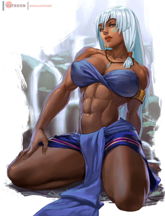 1girls abs alternate_breast_size atlantis:_the_lost_empire big_breasts blue_eyes breasts dark-skinned_female dark_skin disney female fit_female human kasai_x3 kida kneeling large_breasts lejeanx3 loincloth long_hair neckwear solo voluptuous white_hair