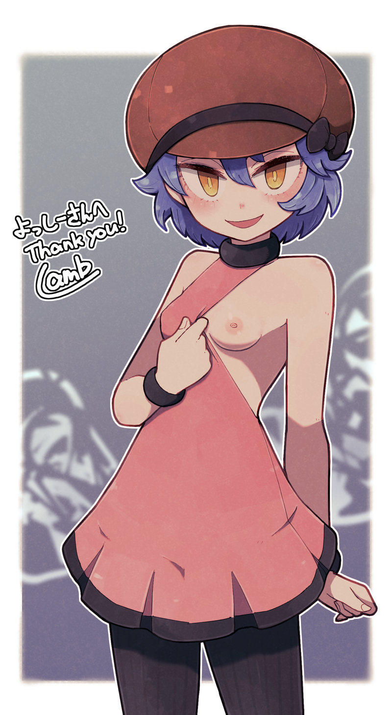 black legwear, breasts, commission, creatures (company), dress, fashion, female, flashing, fully clothed, game freak, hat, highres, lamb-oic029, looking at viewer, nadya (pokemon), nintendo, nipples, no bra, one breast out, open mouth, pokemon, pokemon (game), pokemon duel, purple hair, short hair, small breasts, smile, yellow eyes