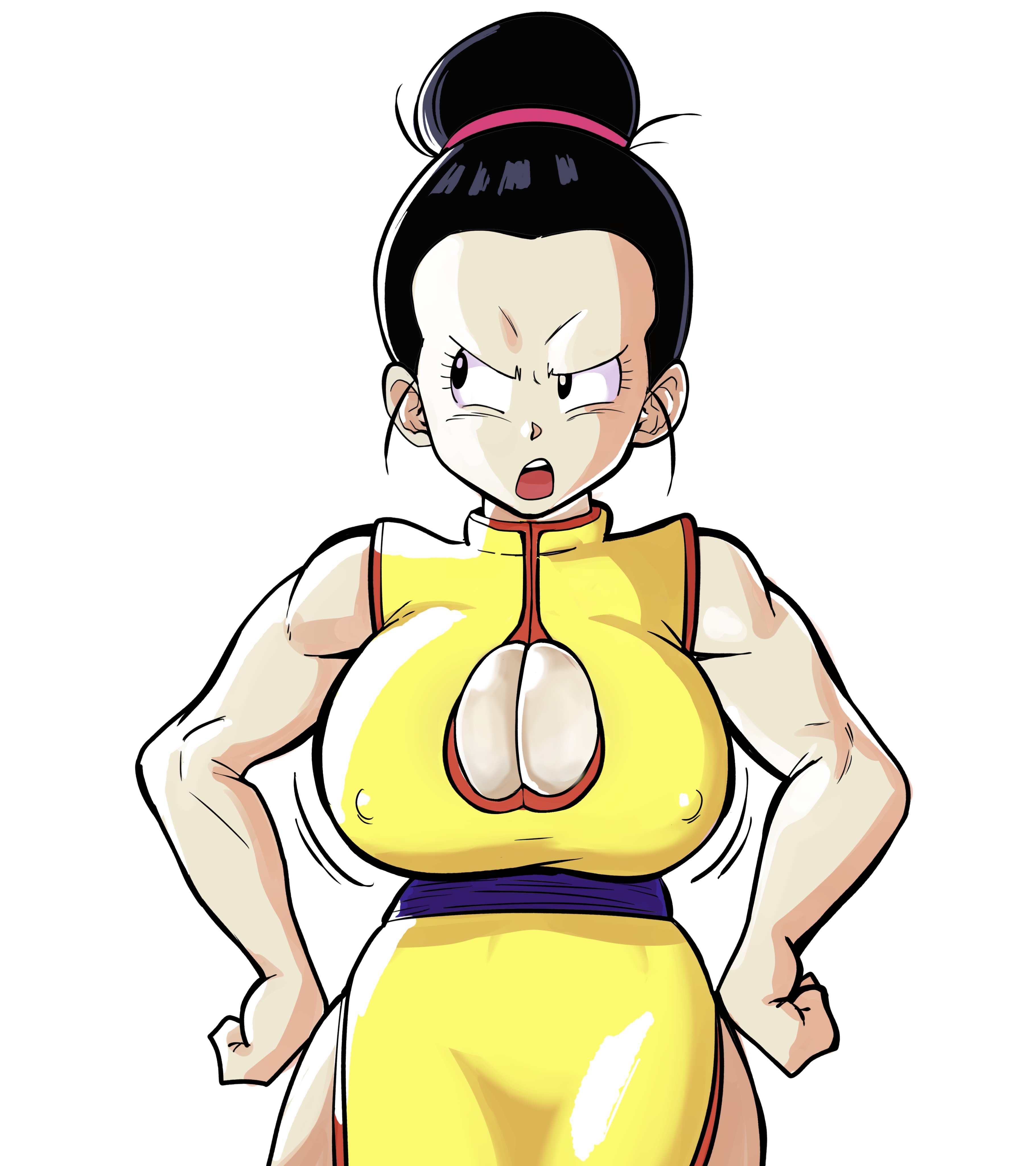 1girls, black hair, breasts, bun, chichi, cleavage, dragon ball, female, female only, huge breasts, milf, nipple bulge, pseudocel, shounen jump, solo, solo female