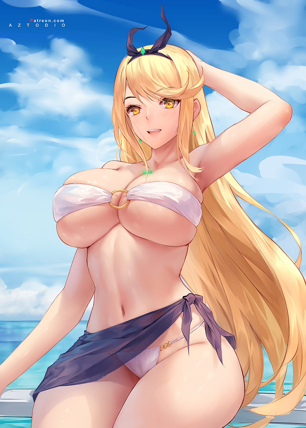 1girls 2021 armpits arms_up azto_dio bangs belly_button bikini black_ribbon blonde_hair blue_sky breasts core_crystal detailed_background earrings eyebrows_visible_through_hair feet_out_of_frame female female_focus female_only gold_eyes hand_behind_head huge_breasts long_hair looking_at_viewer mythra nintendo open_mouth outdoors pareo ribbon ribbon_in_hair skindentation slim_waist smile smiling_at_viewer solo strapless_bikini swept_bangs swimsuit thick_thighs thighs underboob white_bikini xenoblade_(series) xenoblade_chronicles_2 yellow_eyes