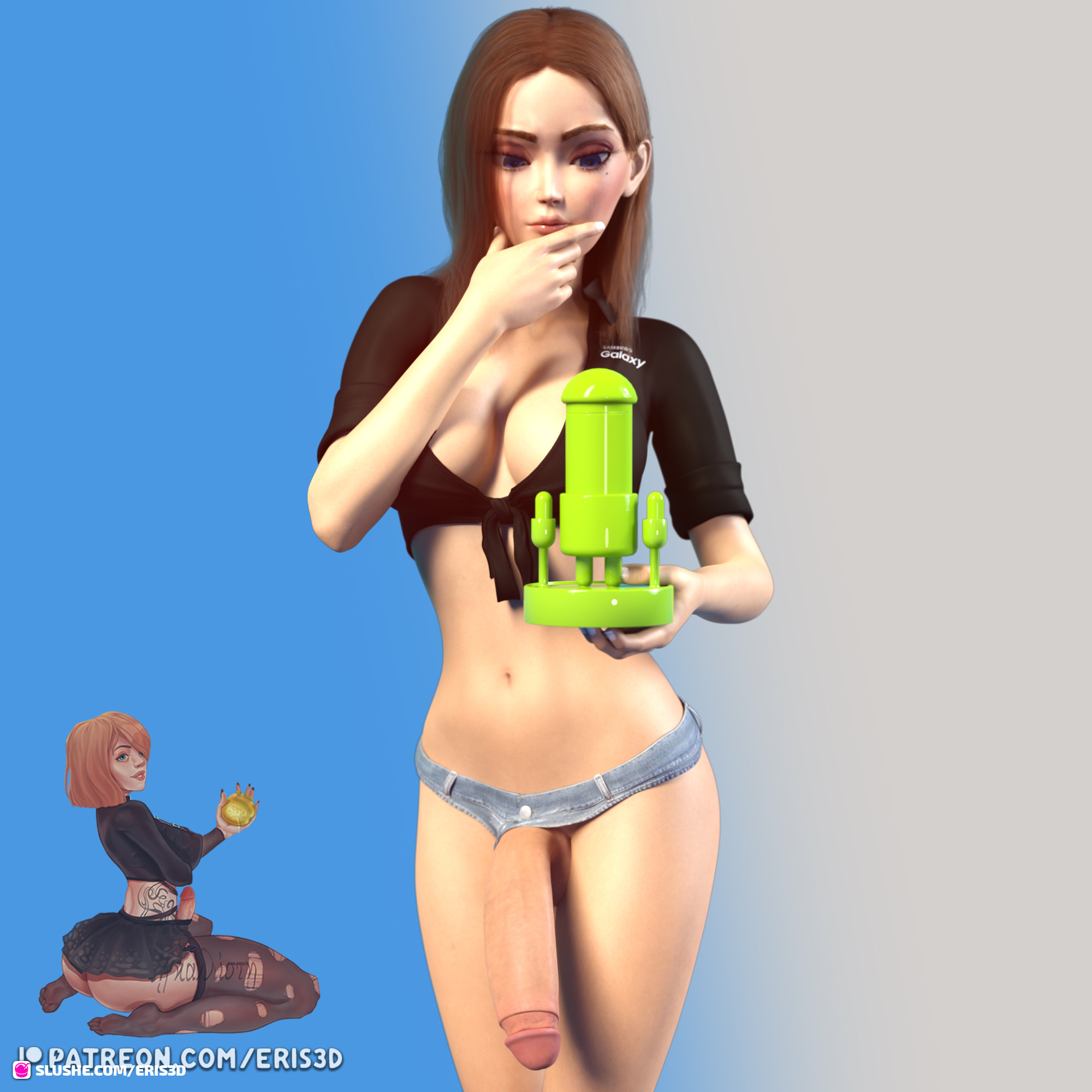 1futa, 3d, 3d (artwork), ass, athletic, athletic futa, bare midriff, big breasts, big penis, blue eyes, breasts, brown hair, bubble ass, bubble butt, busty, circumcised, cleavage, daisy dukes, dickgirl, erection, erection under clothes, erection under skirt, eris3d, futa only, futanari, glans, hourglass figure, intersex, kneeling, large penis, long hair, miniskirt, nail polish, navel, penis, penis out, penis peek, penis under clothes, penis under skirt, samsung, samsung sam, short shorts, skirt, stockings, tattoo, tied shirt, wide hips