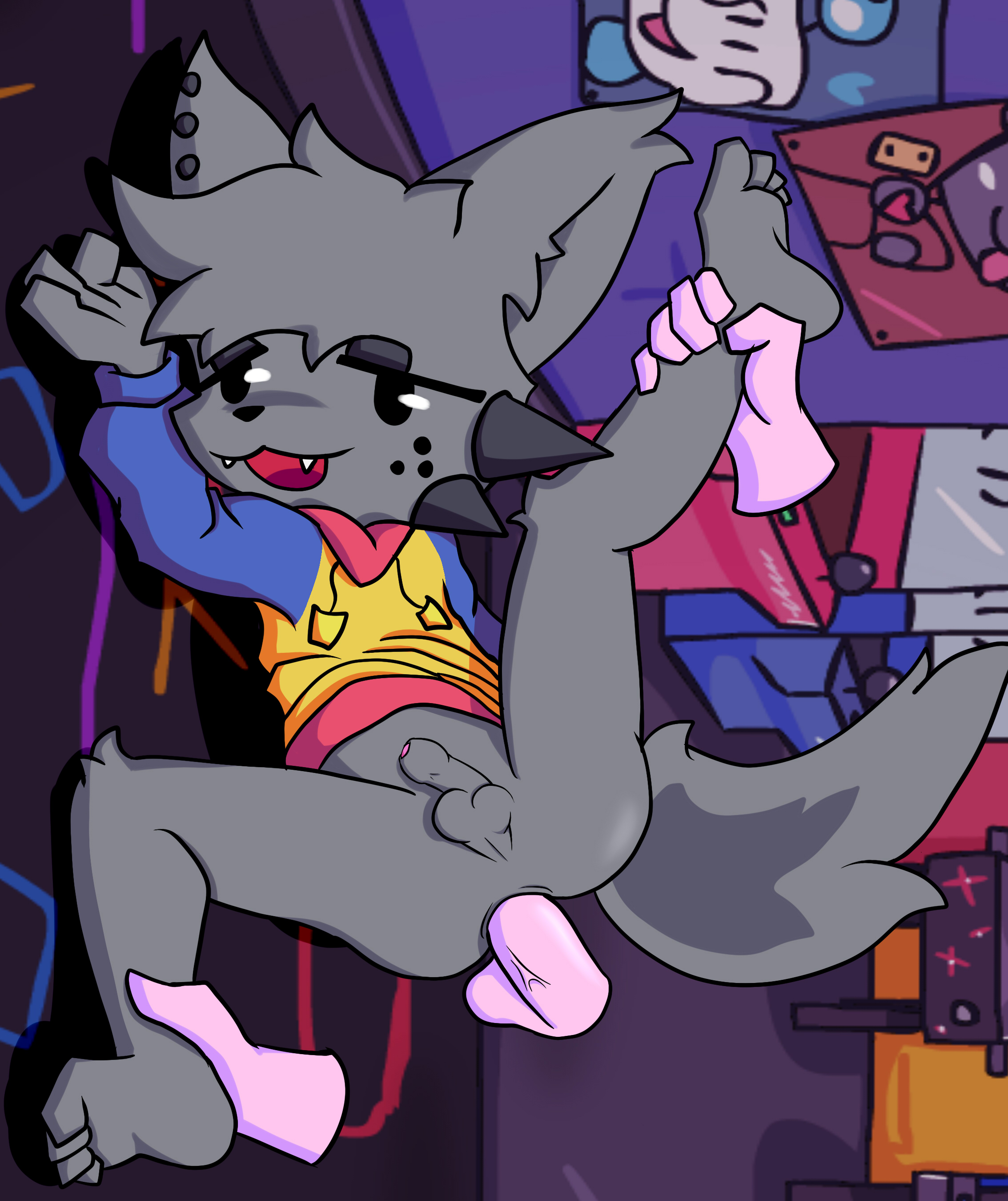 2boys, anal, anal sex, anthro, balls, ballsack, black eyes, body fur, discordix, disembodied hands, disembodied penis, erection, exhibitionism, feet, feet in camera, feet up, feline, fluffy tail, foreskin, friday night funkin, furry, gay, gay sex, grey fur, humanoid penis, kapi (paperkitty), male, male only, male/male, partially retracted foreskin, penis, penis in anus, retracted foreskin, scrotum, smooth penis, testicles, uncircumcised, uncut, veiny penis