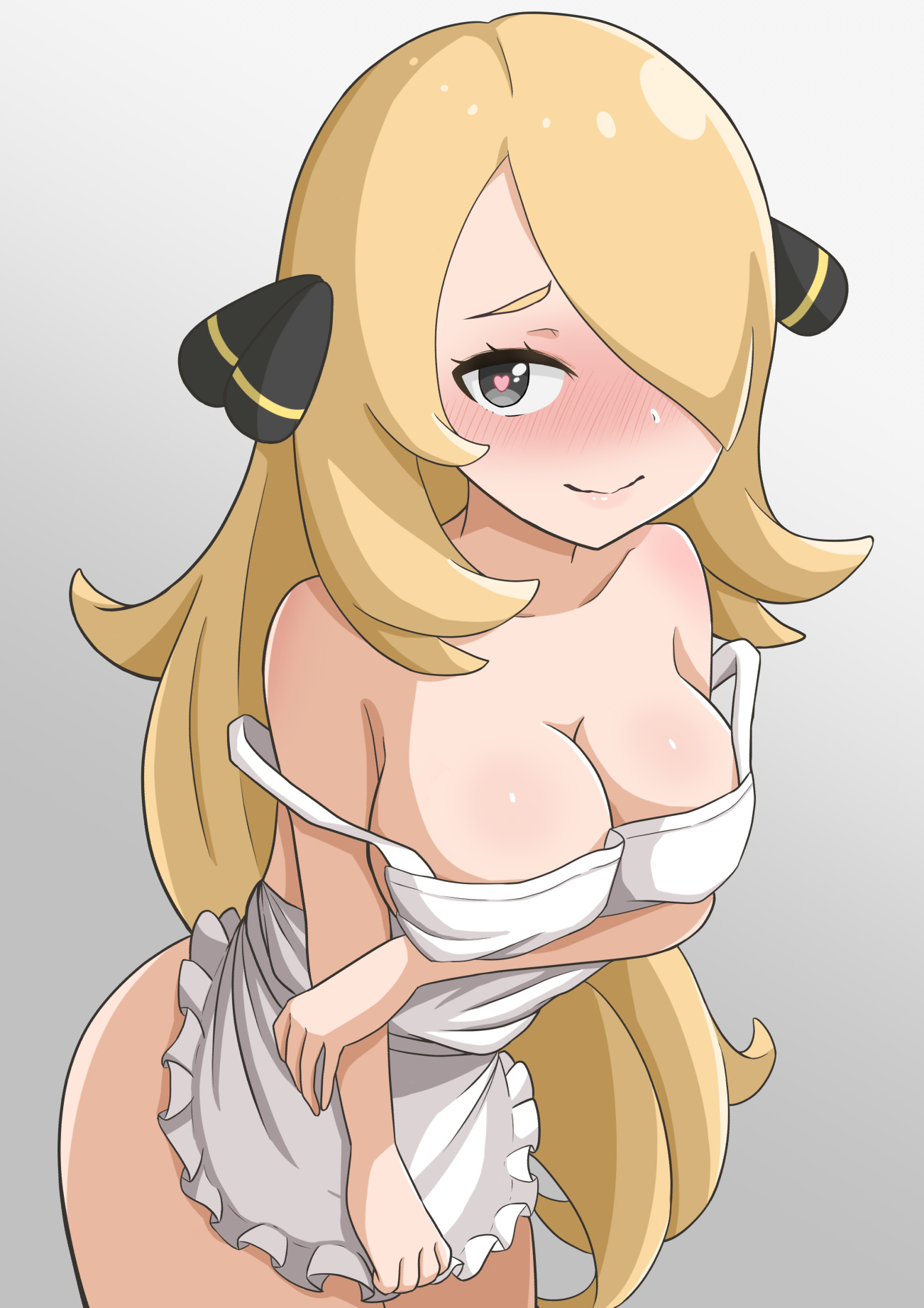 1girls, apron, blonde, blonde female, blonde hair, blonde-haired female, blush, breasts, cynthia (pokemon), eye contact, female, grey eyes, hair ornament, heart-shaped pupils, long hair, looking at viewer, nintendo, pokemon, pokemon champion, pokemon dppt, ppmmkoko360, thighs