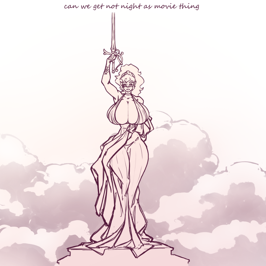 1girls breasts cleavage columbia_pictures dress female glasses hourglass_figure huge_breasts long_hair looking_at_viewer monochrome n647 notnight_(n647) original parody public_domain sketch solo statue sword thin_waist voluptuous wasp_waist wide_hips