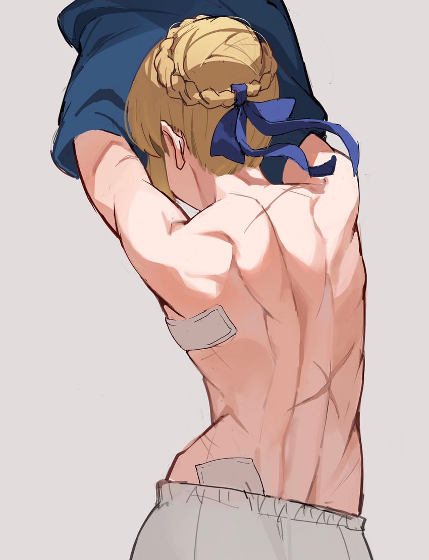 1girls arms_up artoria_pendragon back back_focus back_muscles bandaid blonde_hair fate/stay_night fate_(series) grey_background jason_kim multiple_scars muscular muscular_back muscular_female saber scar solo undressing