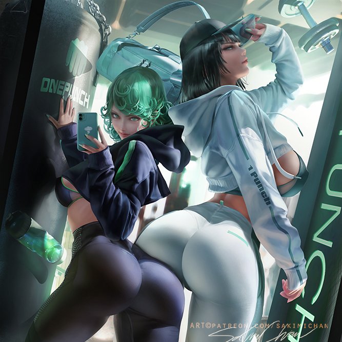 2girls, ass, big ass, big breasts, breasts, favorite, female, female only, fubuki (one-punch man), green hair, medium breasts, multiple females, multiple girls, one-punch man, phone, sakimichan, sports bra, tatsumaki, thick thighs, tight clothing, wide hips