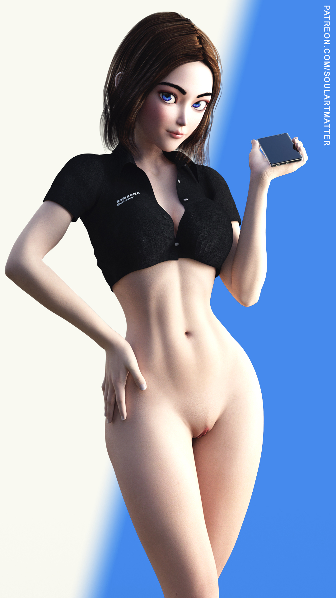 athletic, athletic female, blue eyes, bottomless, breasts, brown hair, busty, edit, female, female focus, female only, hourglass figure, navel, phone, pose, posing, samsung, samsung sam, short hair, small breasts, solo, soulartmatter, standing, wide hips