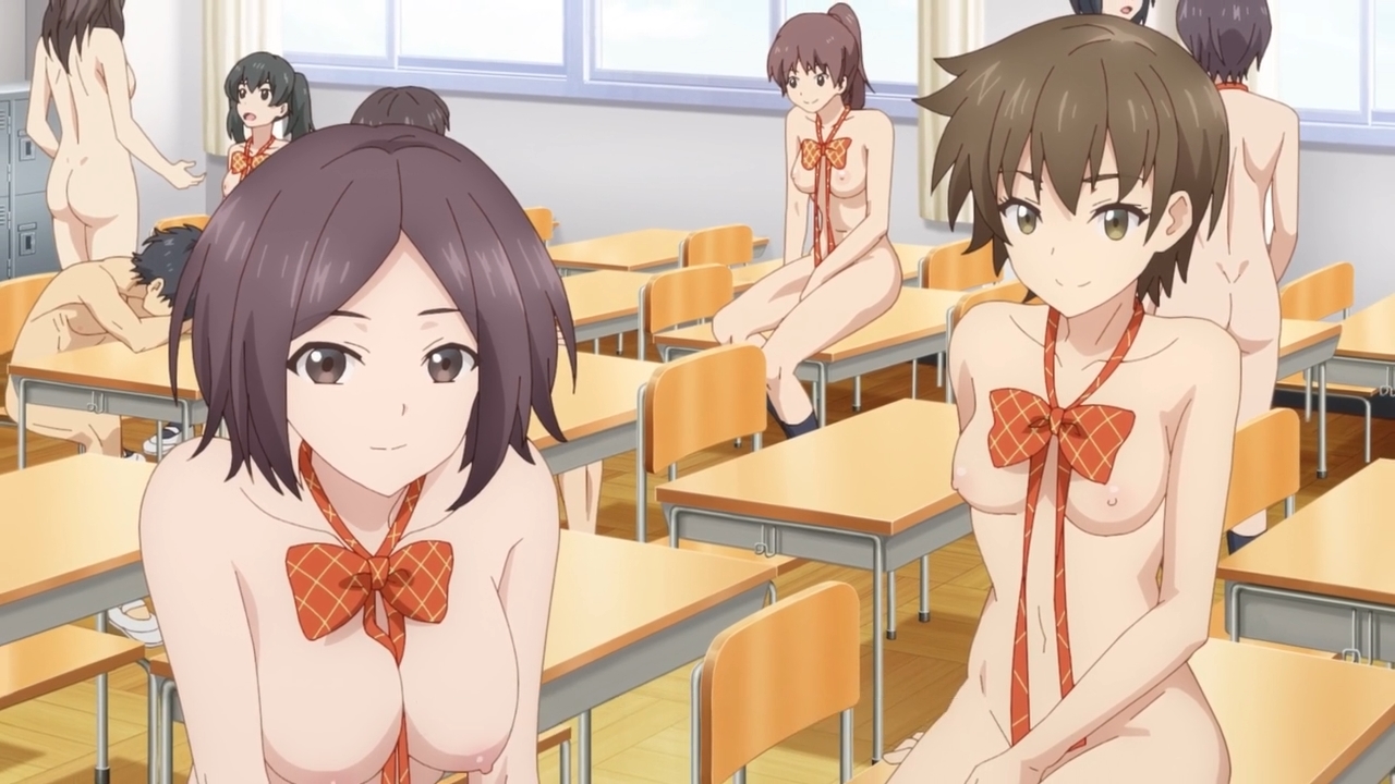 ass, breasts, casual, classroom, dokyuu hentai hxeros, female, human, male, nude, nude female, nude male, nudist, nudity, pale skin, public, public nudity