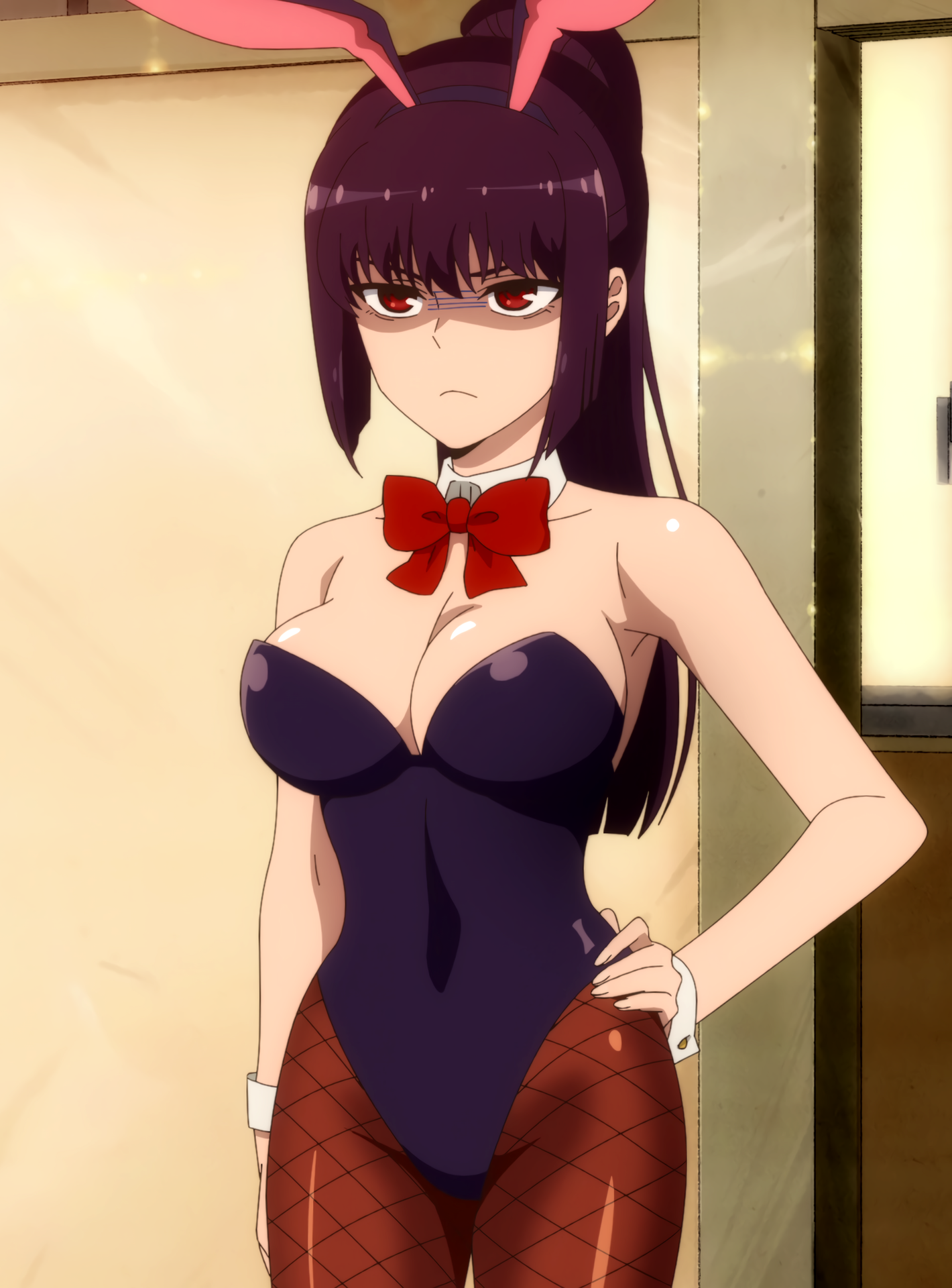 1girls, 774 (nanashi), angry face, big breasts, bowtie, breasts, bunny ears, bunny girl, bunnysuit, cleavage, clothed, clothing, female, female only, hi res, huge breasts, light skin, long hair, looking at viewer, please don't bully me, nagatoro, ponytail, president (nagatoro), purple hair, red eyes, revealing clothes, sana sunomiya, screencap, simple background, solo, tight clothing, tights
