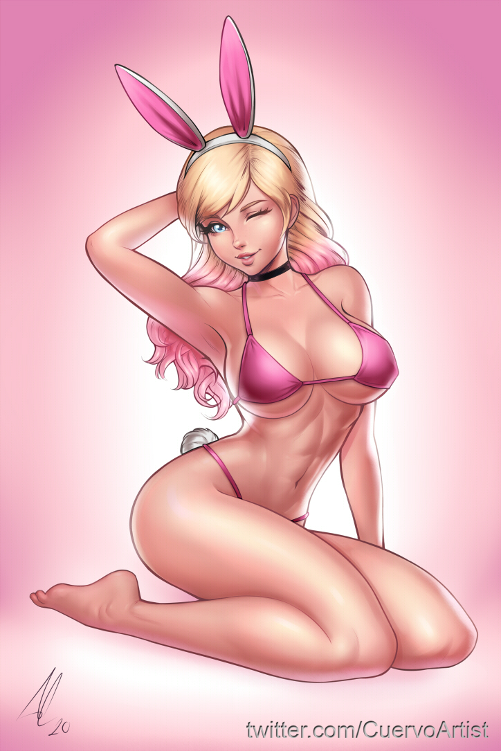 1girls, aesdev, barefoot, bikini, blonde hair, blue eyes, breasts, bunny ears, bunny hood, bunny tail, choker, cleavage, cute, female, female only, hand behind head, jessie (aesdev), kneeling, large breasts, long hair, navel, one eye closed, original, original character, pink bikini, pink hair, pinup, pinup pose, posing, smile, solo, two-tone hair, underboob, wink