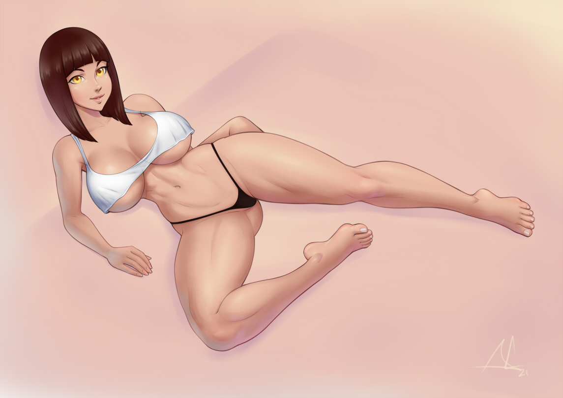 1girls, aesdev, bangs, barefoot, breasts, brown hair, cleavage, female, female only, large breasts, looking at viewer, navel, on back, panties, skimpy, smile, solo, thong, underboob, yellow eyes