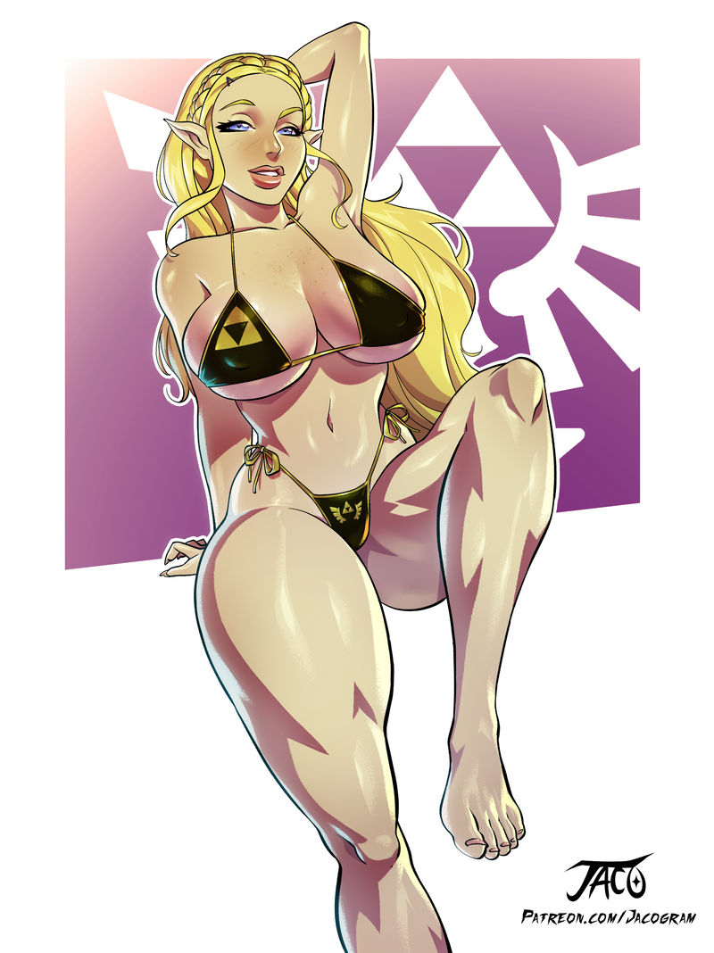 1girls, bikini, bimbo, blonde hair, blue eyes, breasts, breath of the wild, female, female only, iacolare, jacogram, large breasts, long hair, pointy ears, princess zelda, royalty, solo, the legend of zelda, voluptuous, zelda (breath of the wild)