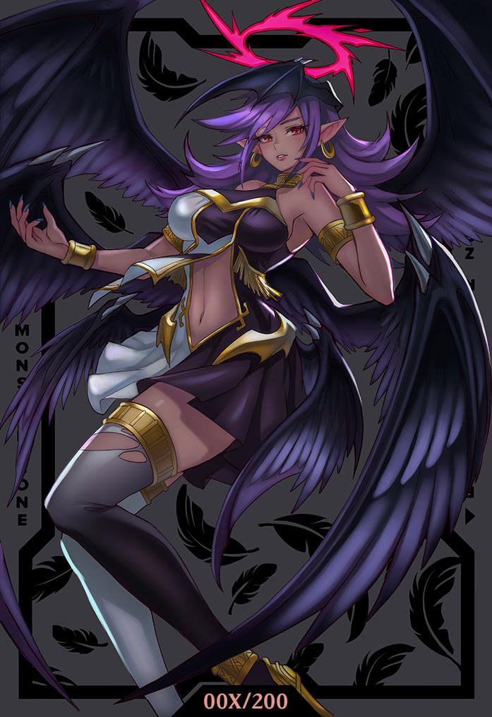 1girls amanda_lapalme angel angel_wings dark-skinned_female dark_skin darklord_ixchel darklord_ixtab demon demon_girl demon_wings earrings fallen_angel female halo heels huge_breasts large_breasts monster_girl pointy_ears purple_hair red_eyes thick_thighs thighhighs tiny_waist wide_hips wings yu-gi-oh! yu-gi-oh!_gx