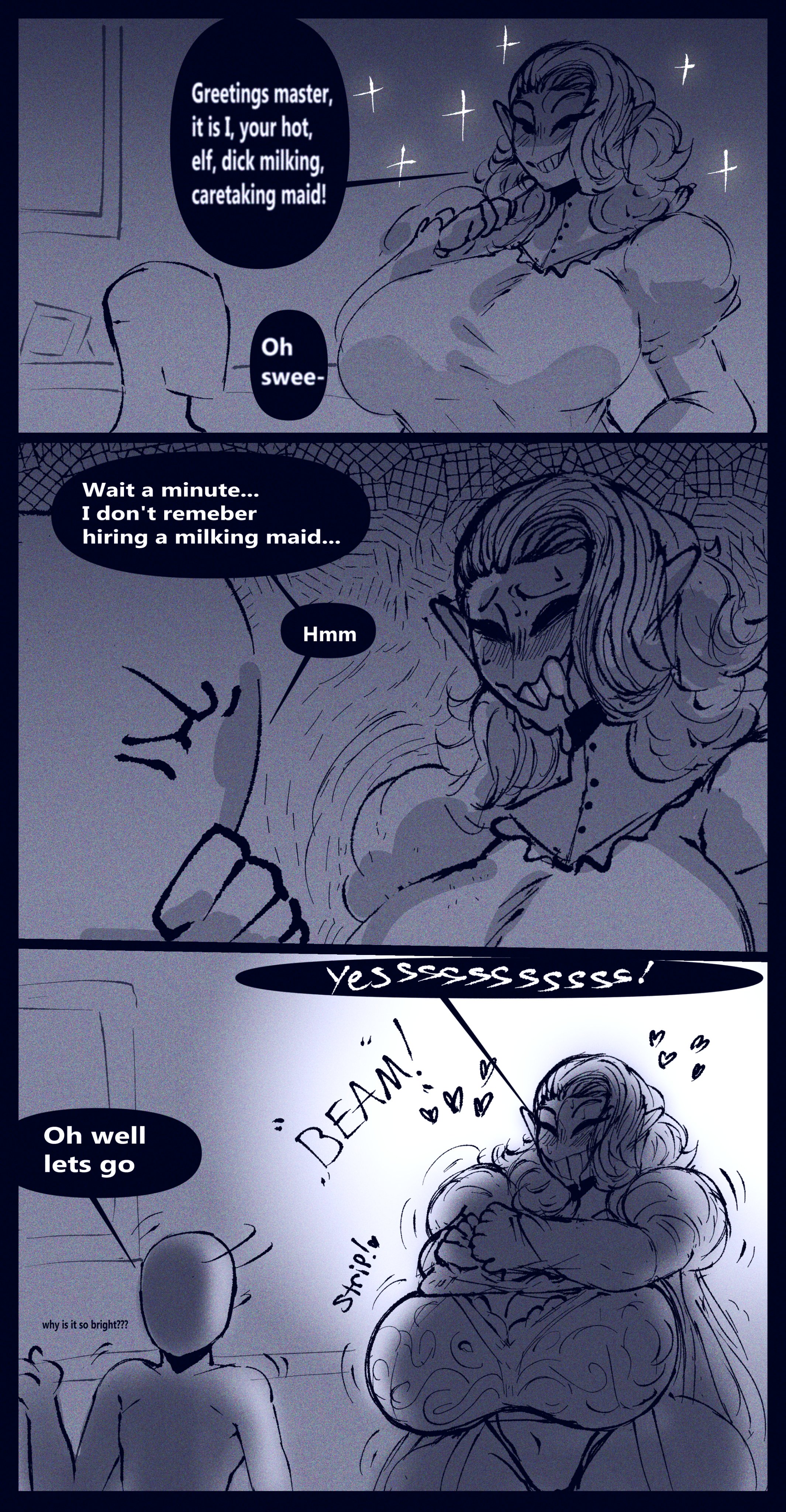 1boy, 1girls, big breasts, bra, breasts, comic, confused, dialogue, elf, english text, female, funny, giantess, happy, heart, huge breasts, human, humanoid, imminent sex, interspecies, inviting, inviting to sex, male, male human/female elf, male human/female humanoid, original character, repomorame, saliva, sexually suggestive, shirt, shirt lift, shirt up, size difference, smile, suggestive, taller female, teeth, text, undressing
